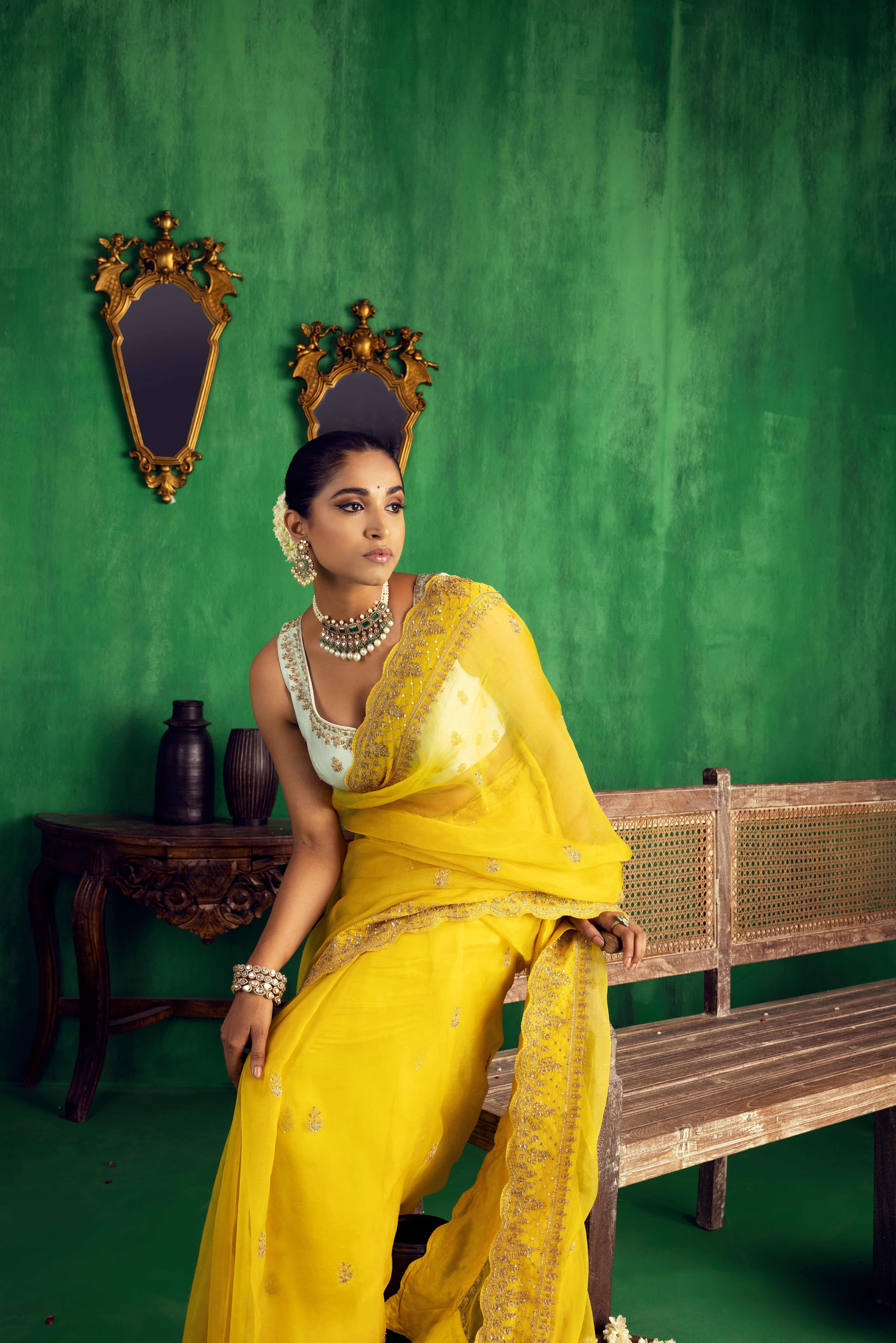 Jigar Mali - Yellow Aqua Saree Set