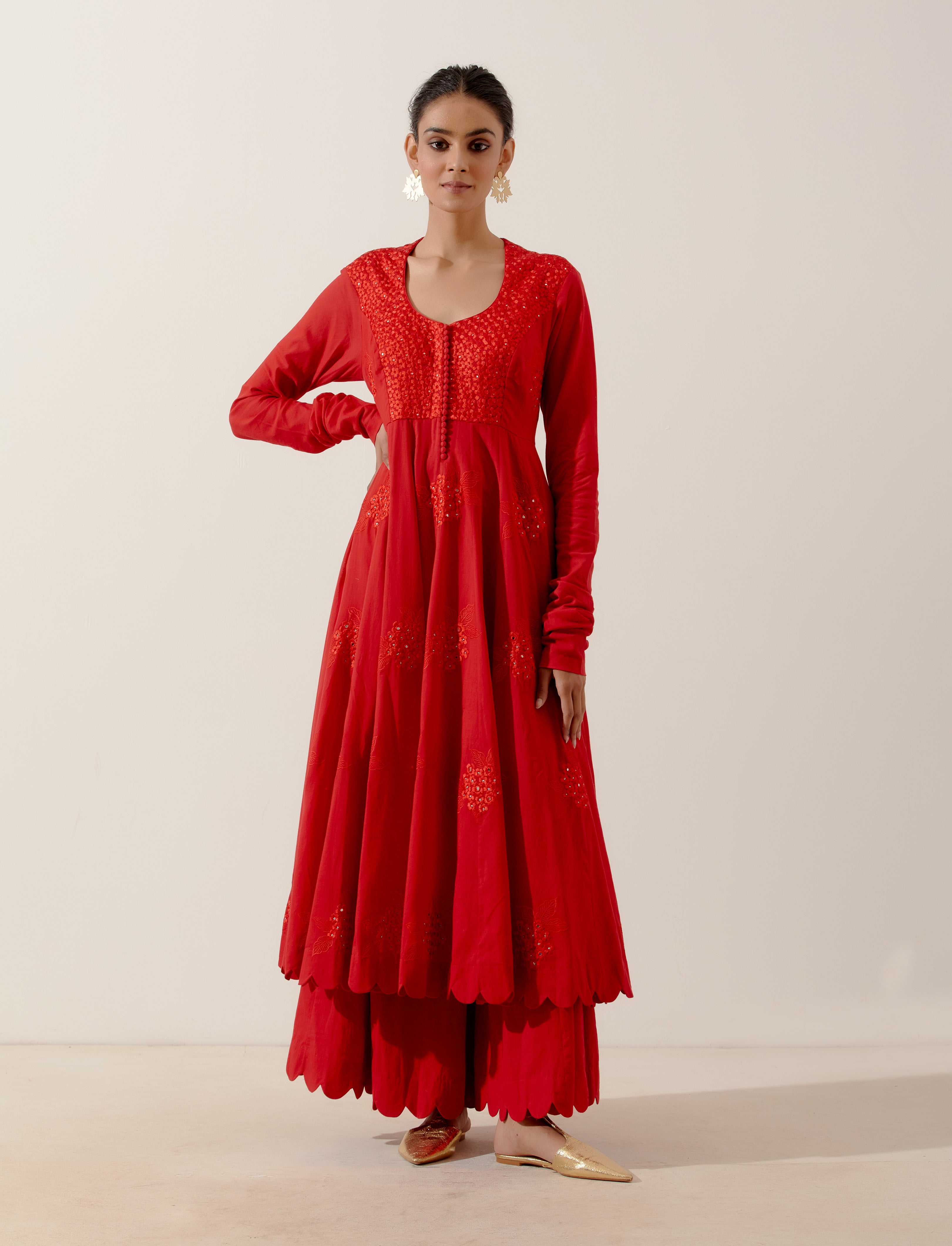 Label Earthen - Gulmohar Kali Red Kurta Set