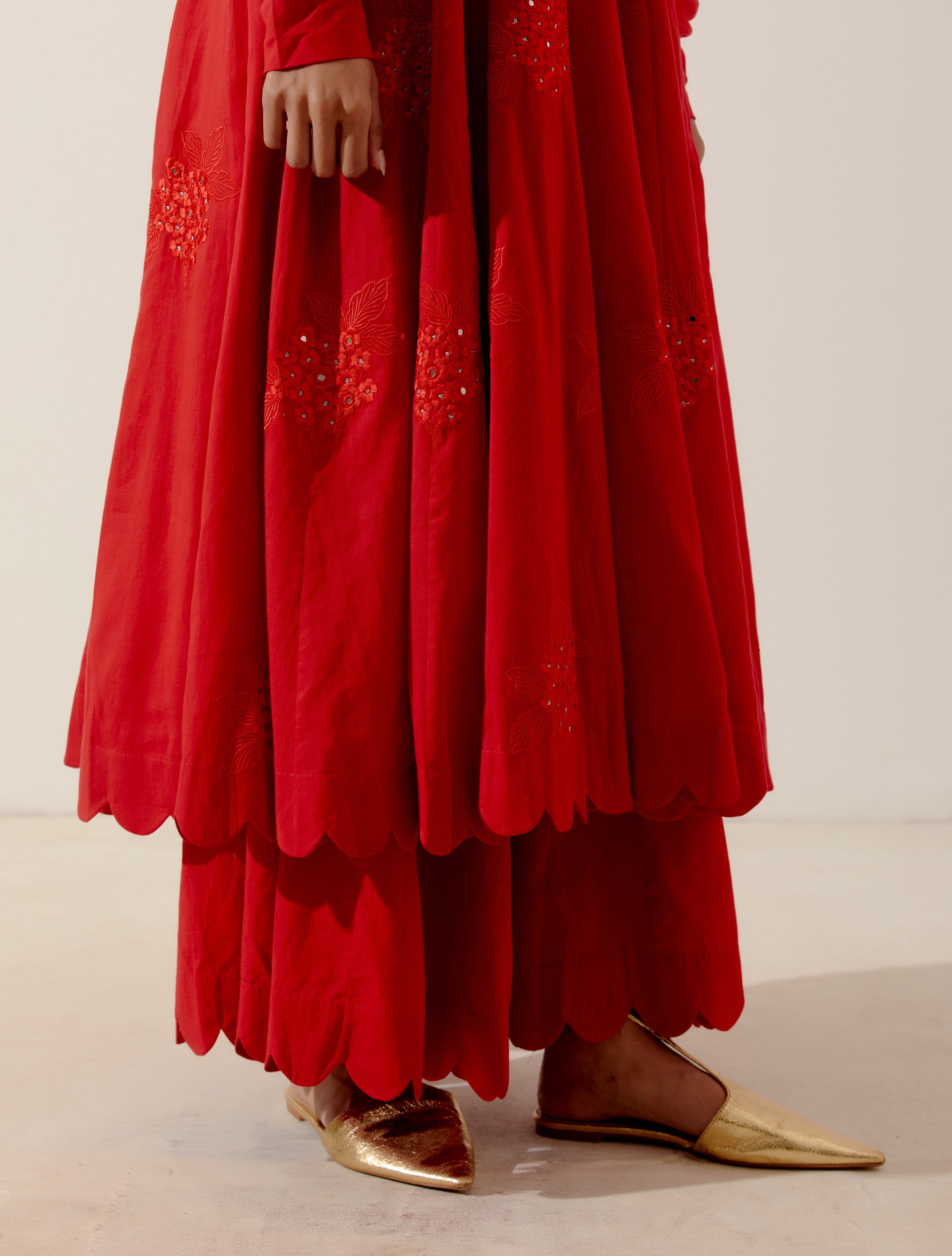 Label Earthen - Gulmohar Kali Red Kurta Set