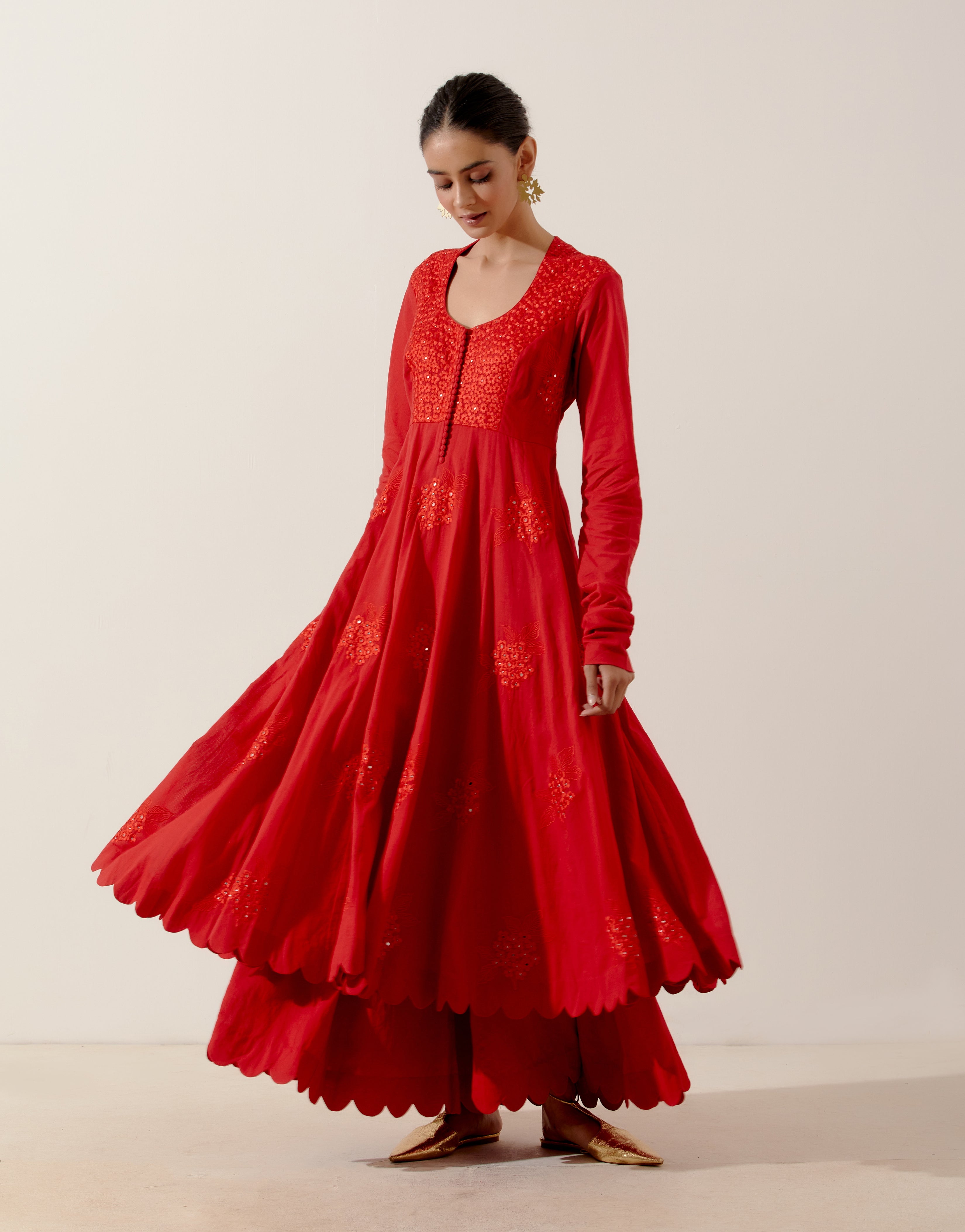 Label Earthen - Gulmohar Kali Red Kurta Set
