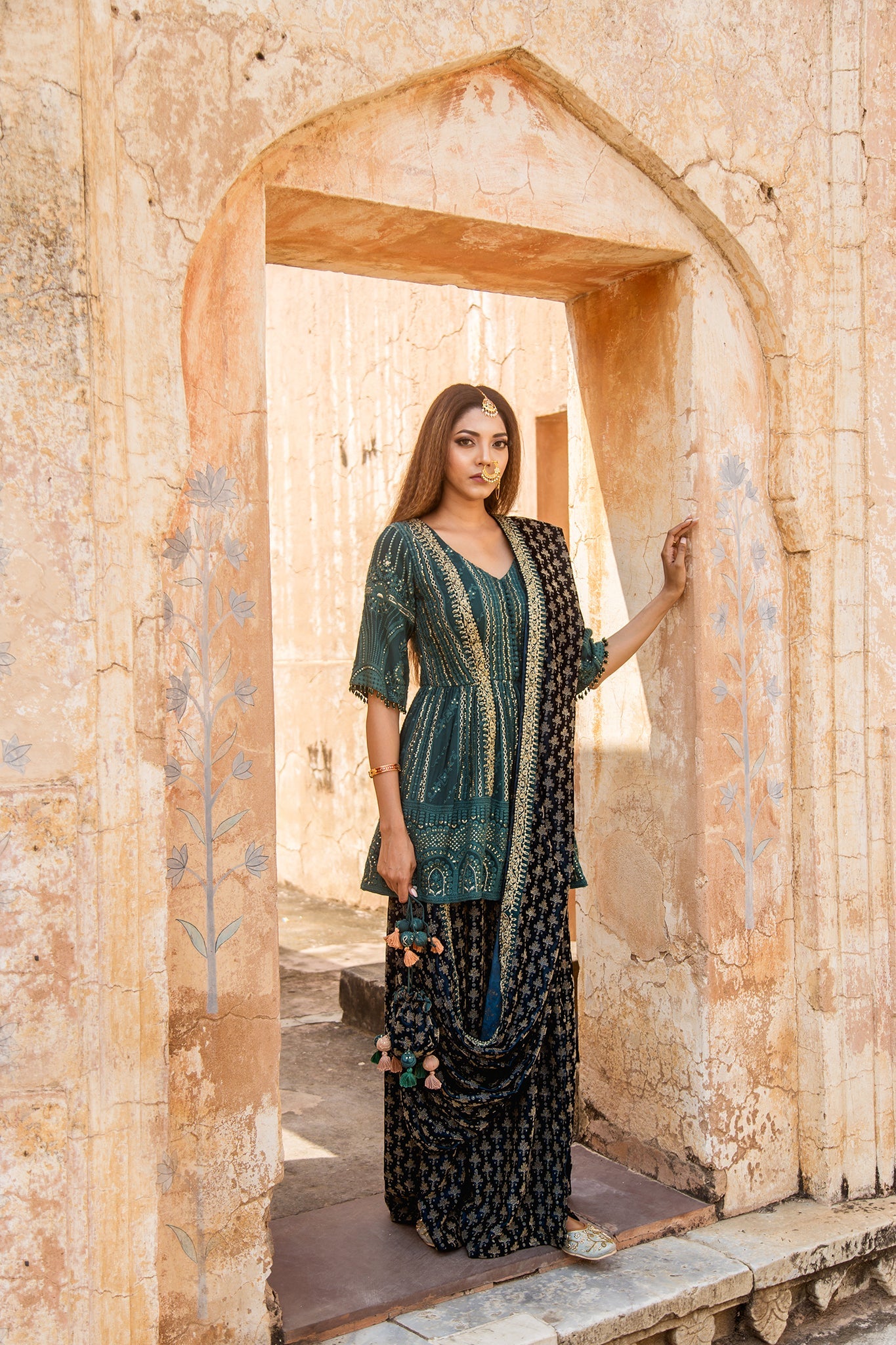 Soniya G - Peplum Top Kurti Paired With Velvet Dhoti Set