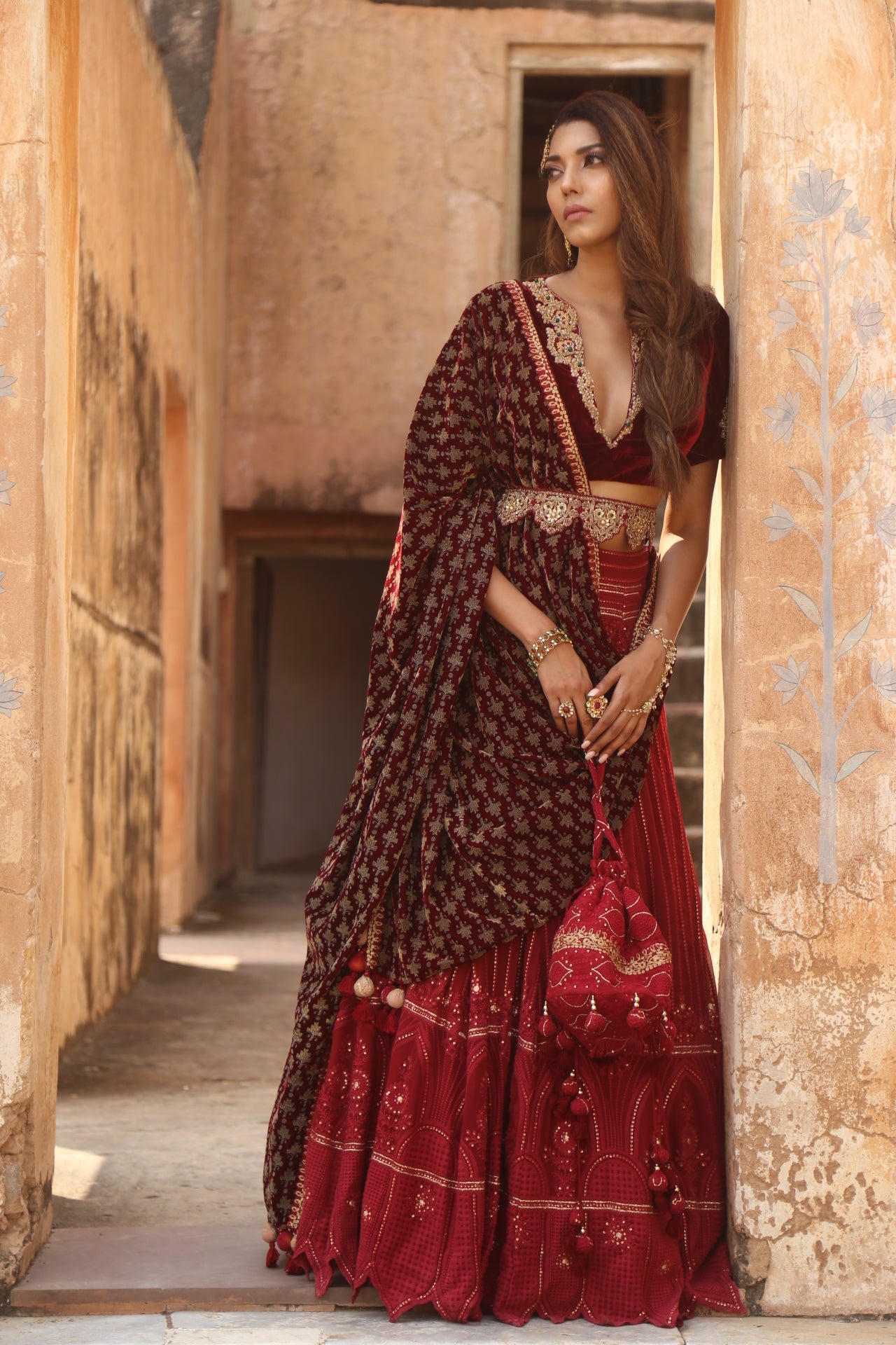 Soniya G - Red Lucknowi Chikankari Lehenga Set