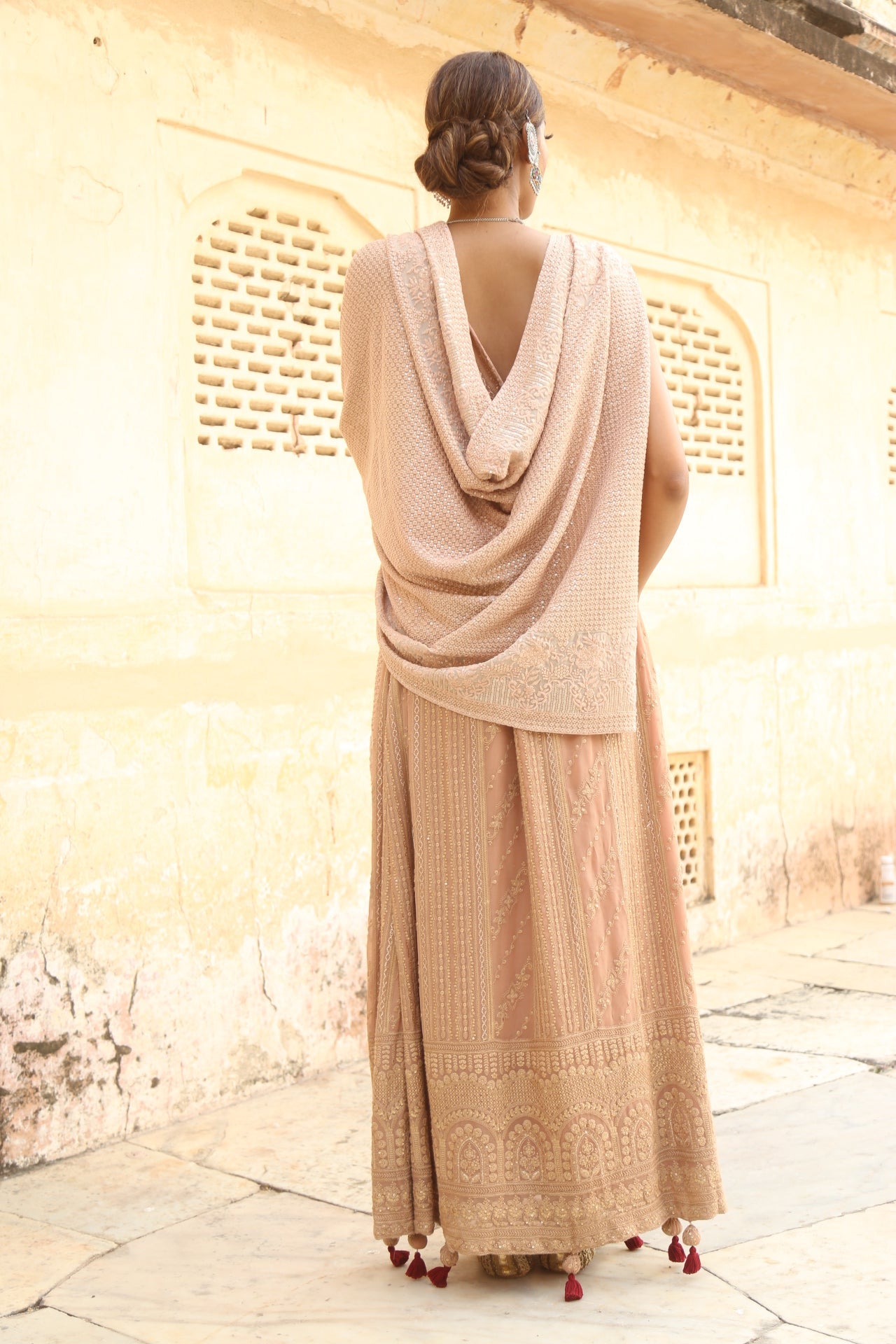 Soniya G - Peach Embroidered Lucknowi Chikankari Lehenga Set