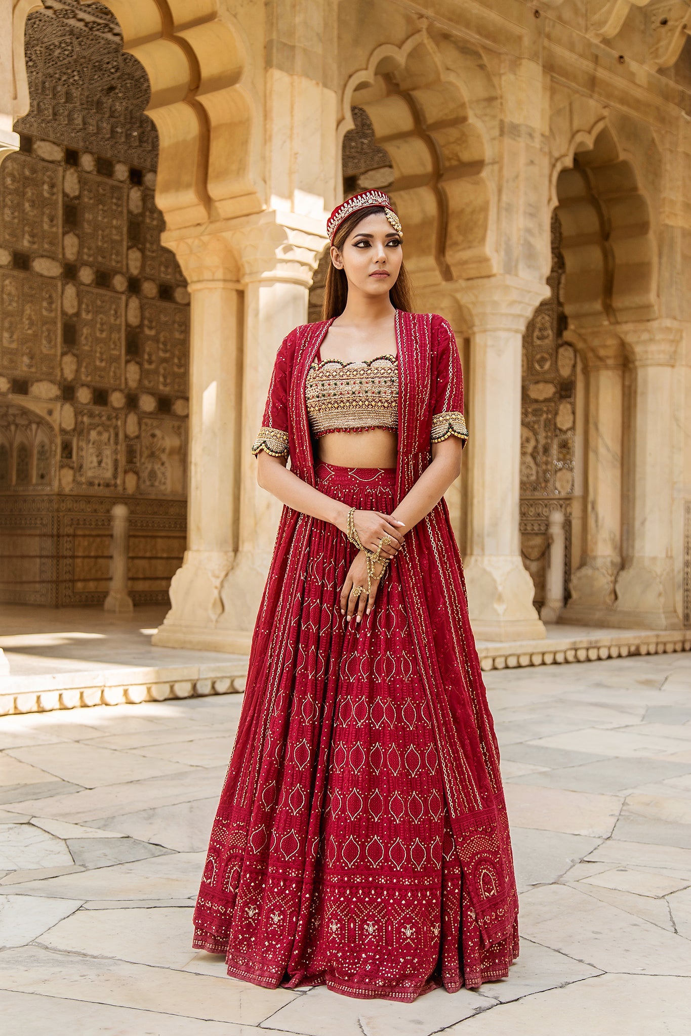 Soniya G - Red Embroidered Lucknowi Chikankari Lehenga & Cape Set