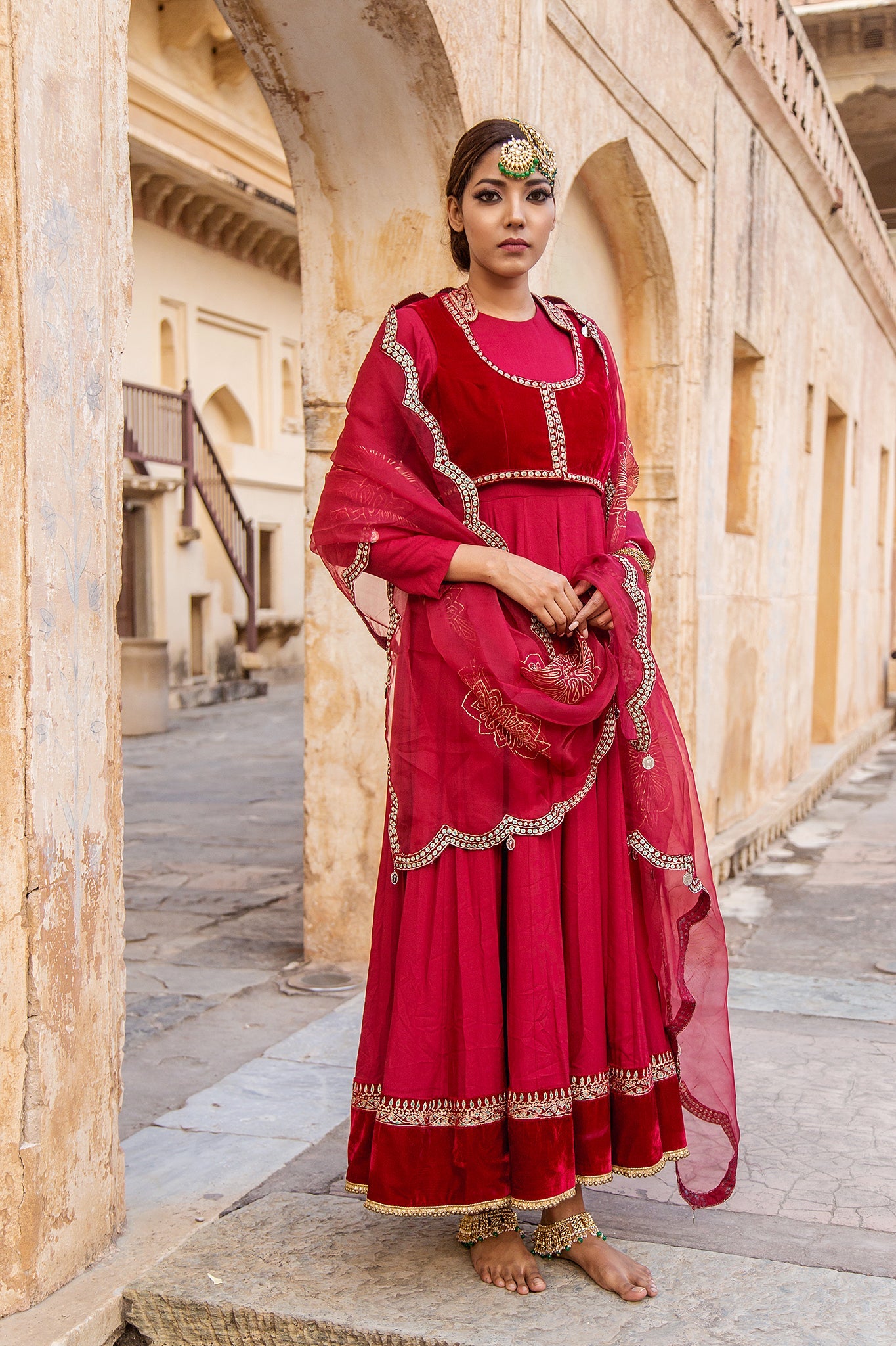 Soniya G - Crimson Red Embroidered Anarkali Set