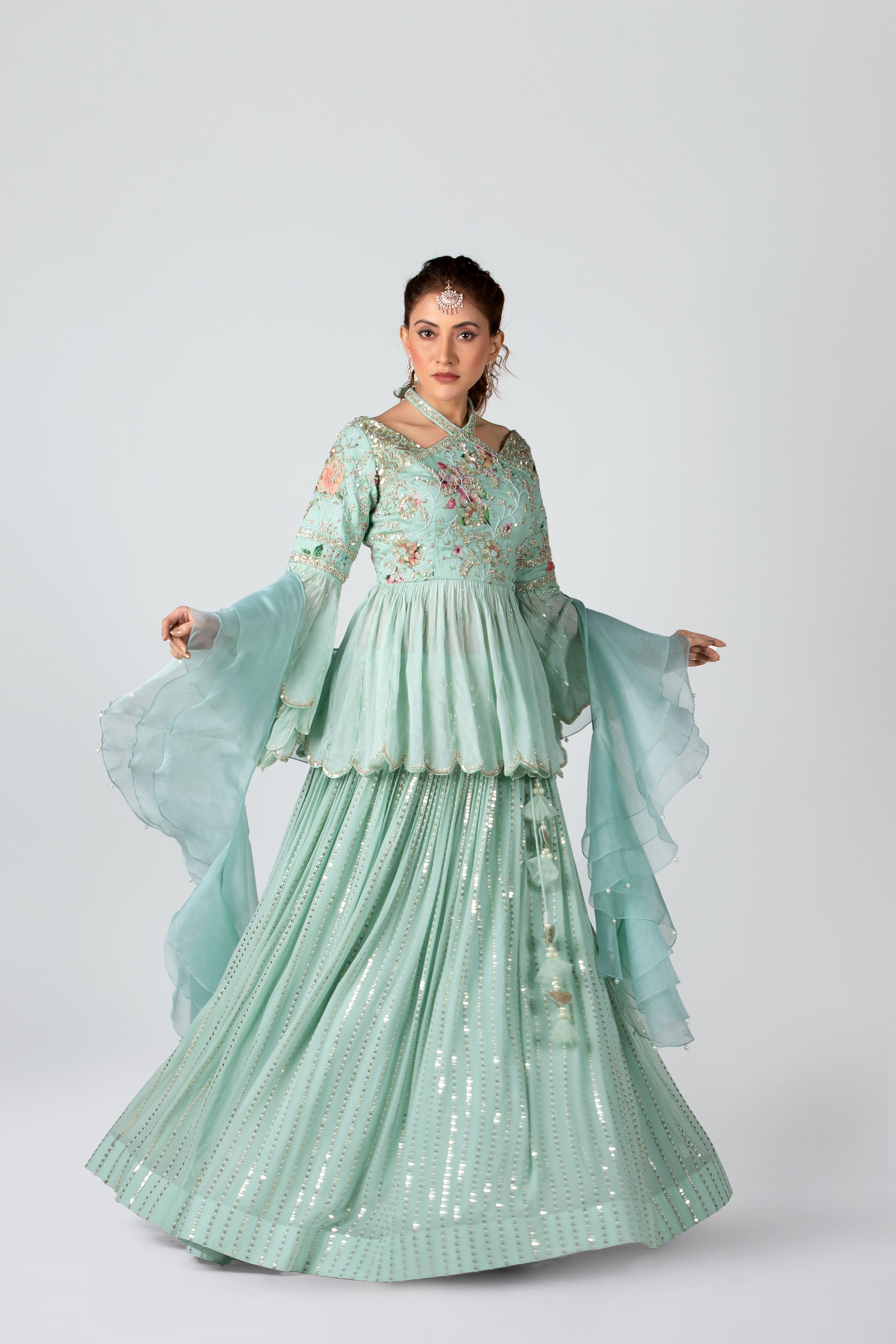 Suruchi Parakh - Sea Green Peplum Top & Skirt Set