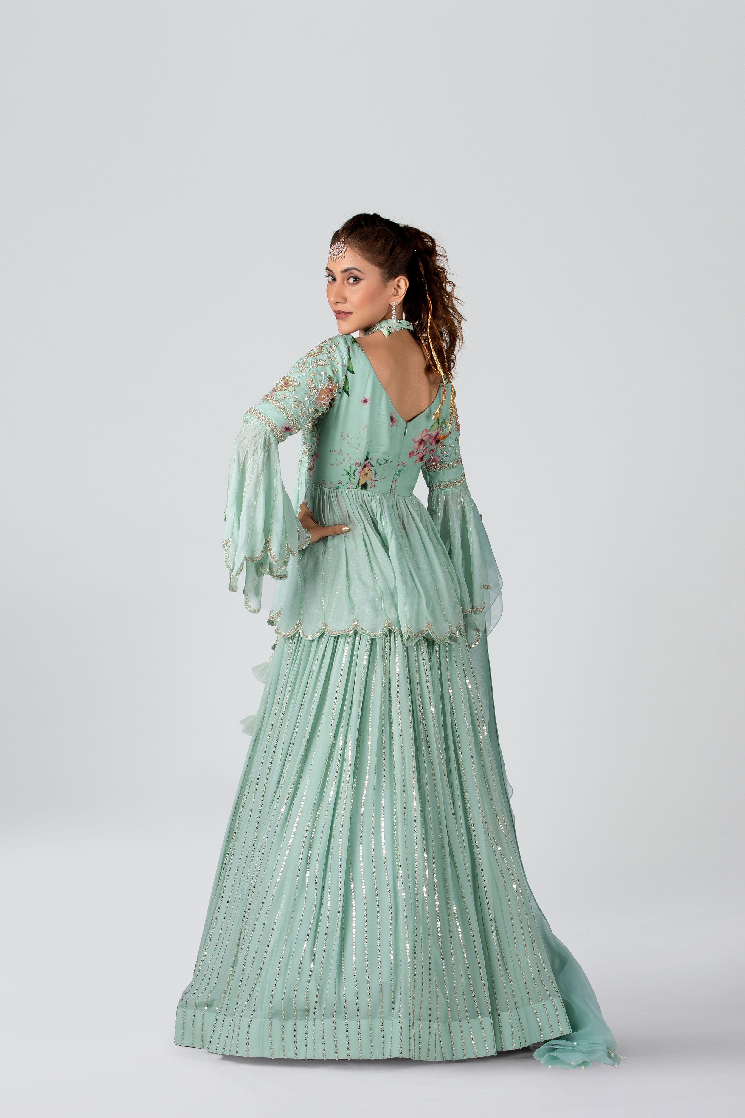 Suruchi Parakh - Sea Green Peplum Top & Skirt Set