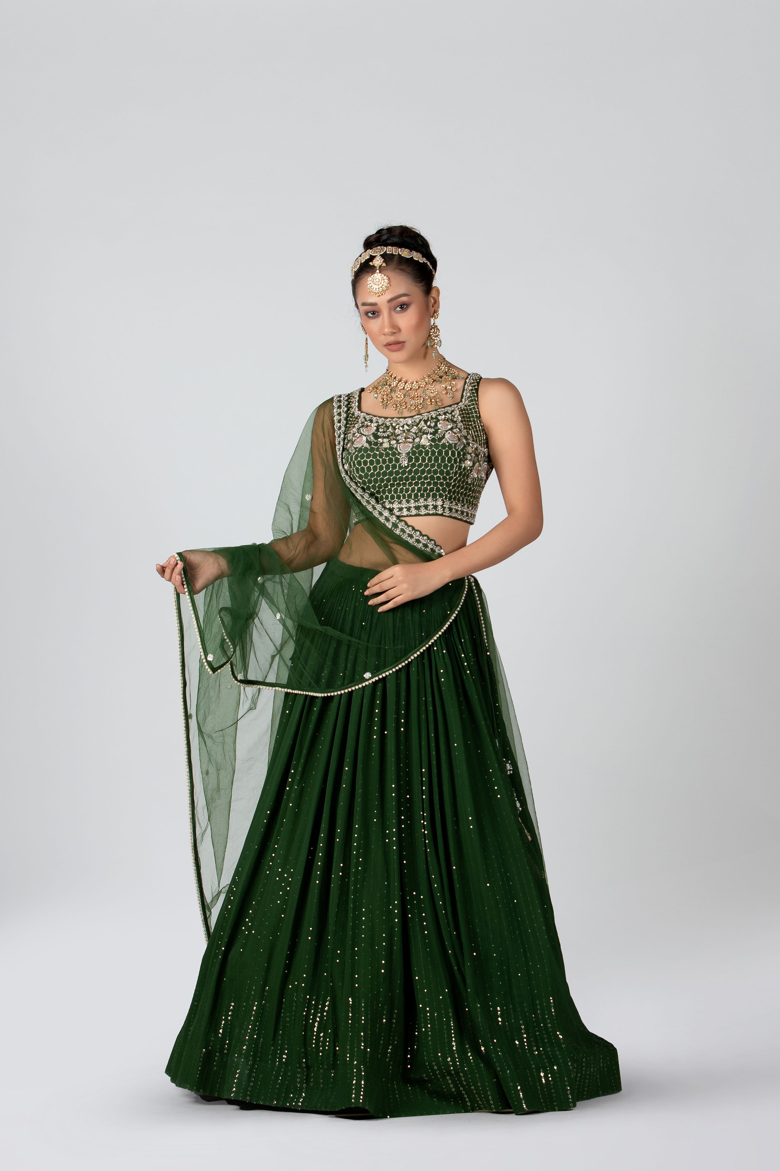 Suruchi Parakh - Forest Green Georgette & Net Lehenga Set