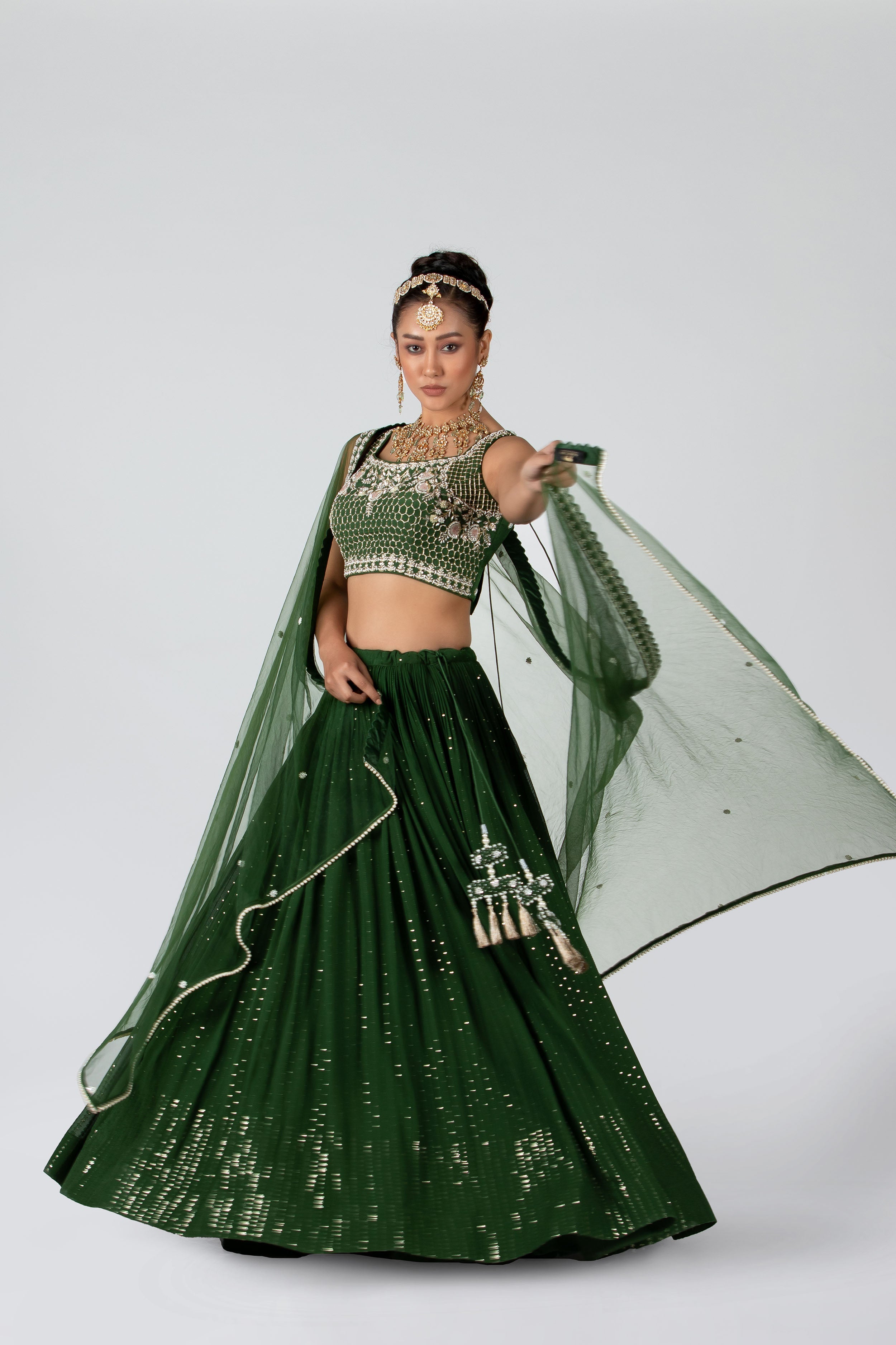 Suruchi Parakh - Forest Green Georgette & Net Lehenga Set