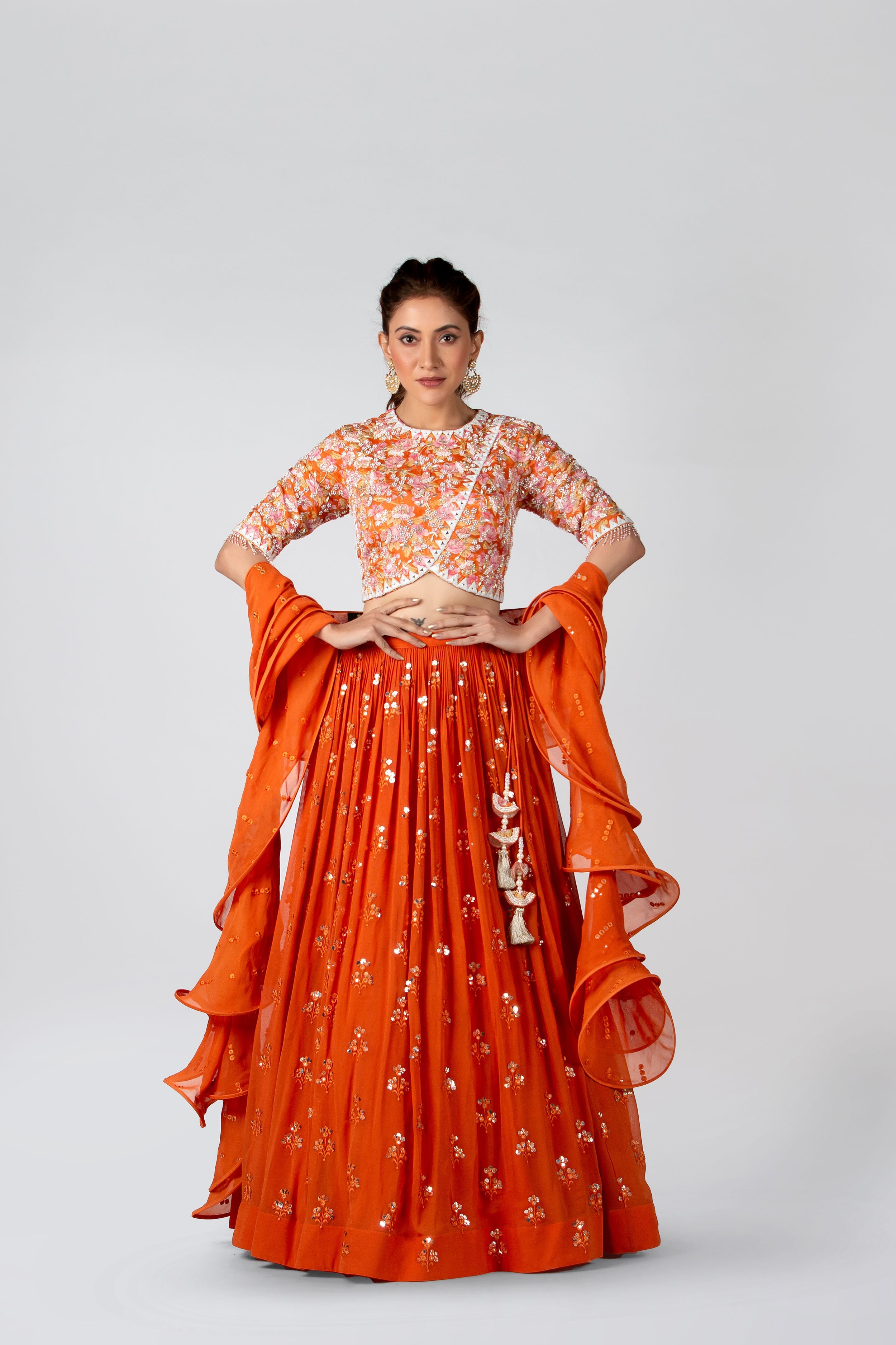 Suruchi Parakh - Deep Orange Embroidered Pleated Skirt Set