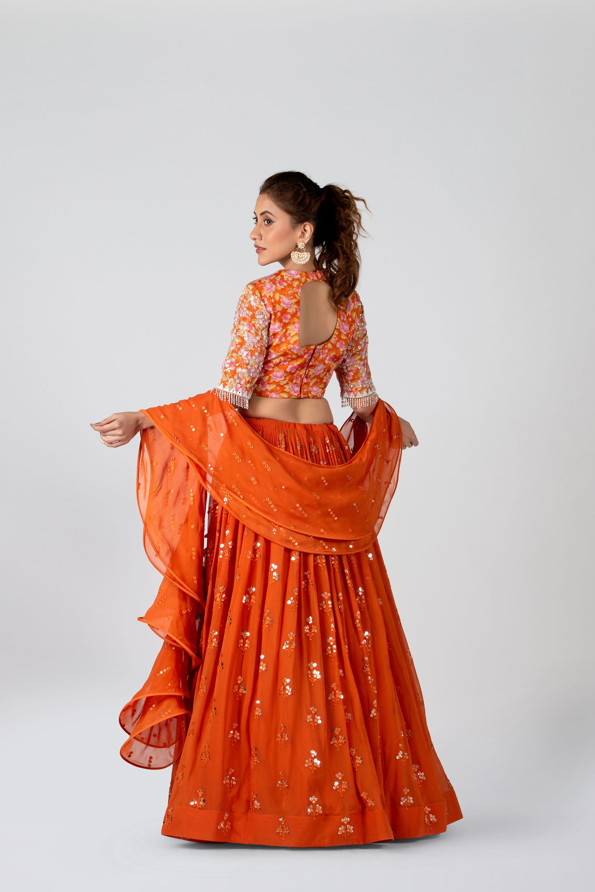 Suruchi Parakh - Deep Orange Embroidered Pleated Skirt Set