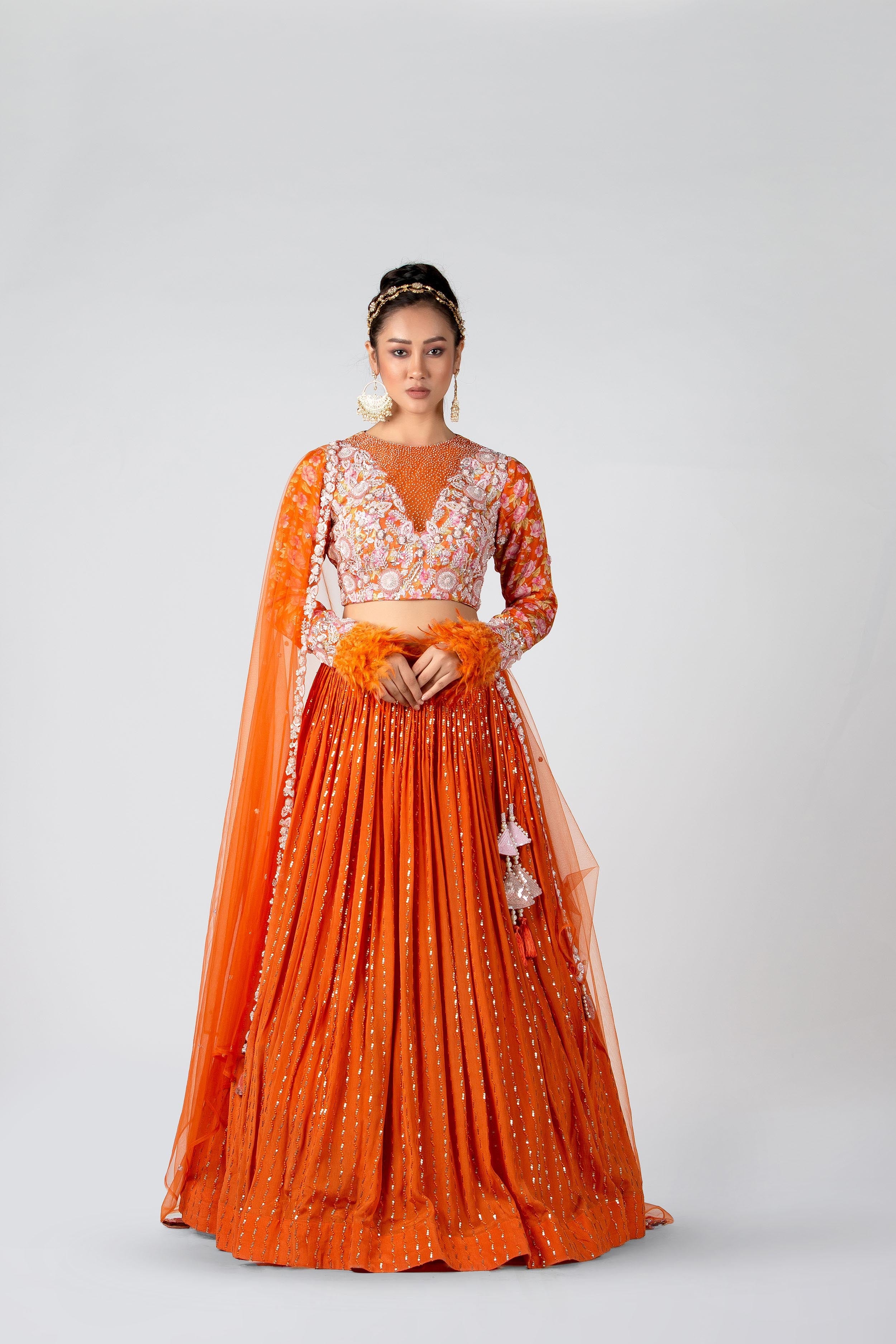 Suruchi Parakh - Blaze Orange Pleated Skirt Set