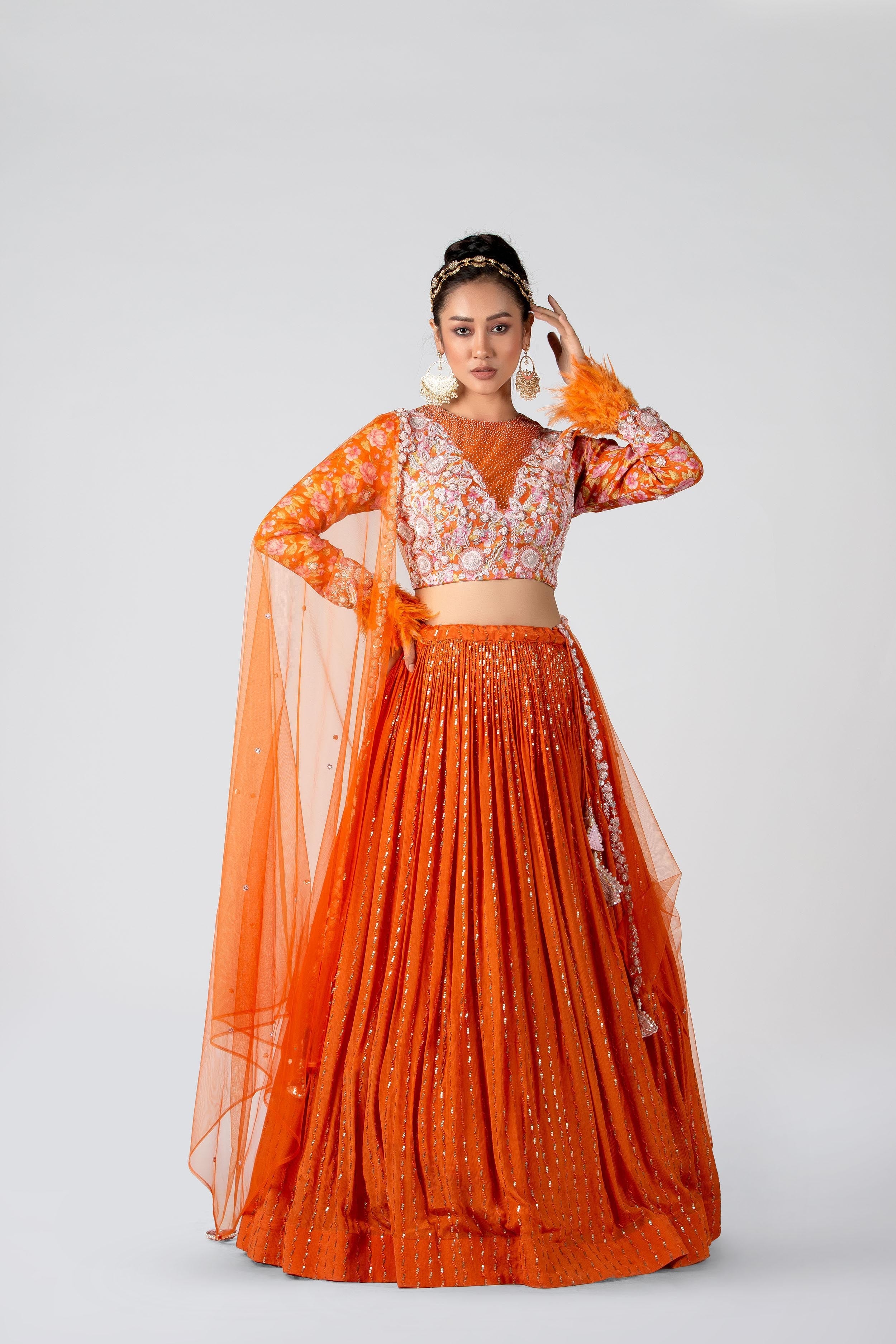 Suruchi Parakh - Blaze Orange Pleated Skirt Set