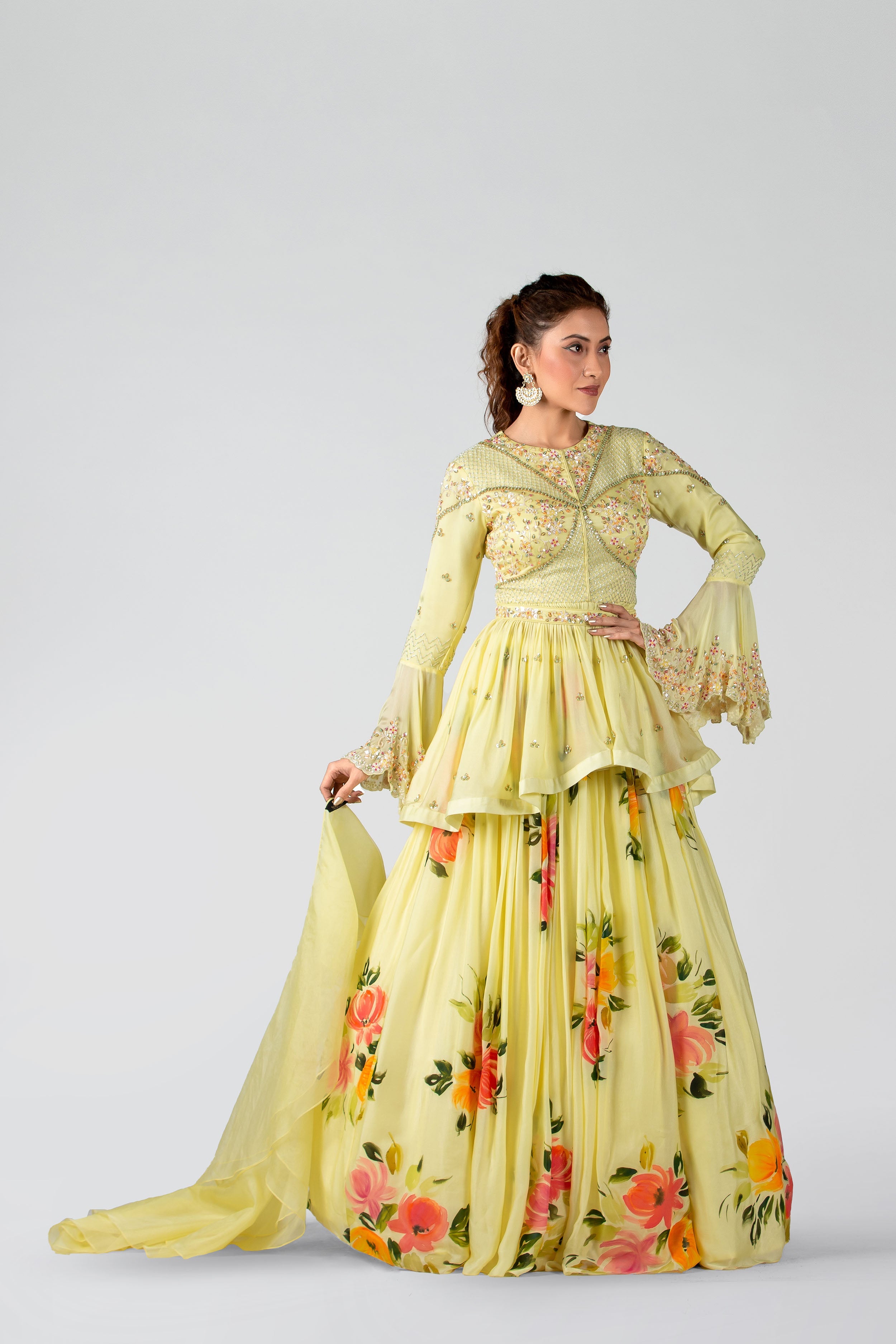 Suruchi Parakh - Pastel Yellow Hand-Painted Pleated Skirt Set