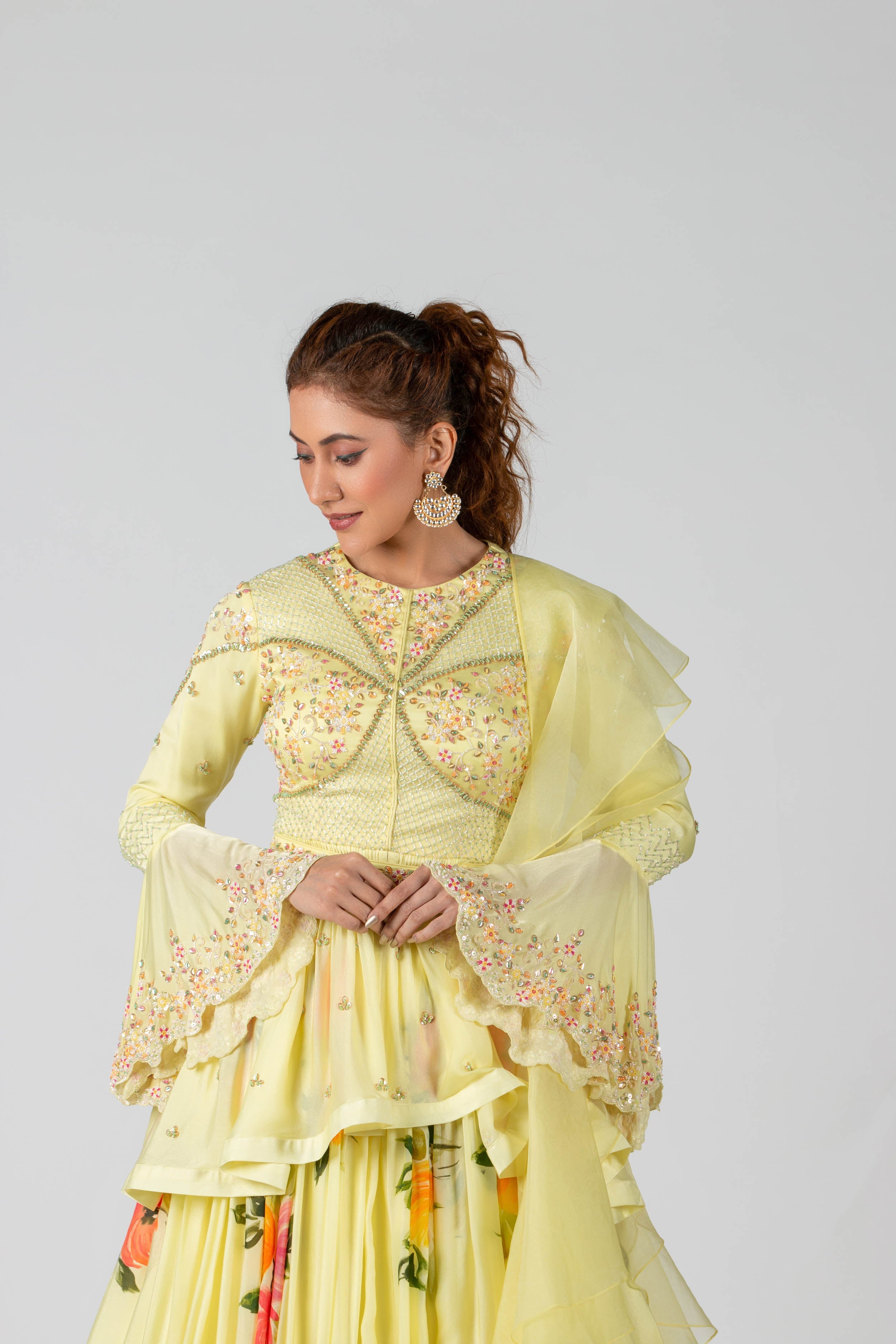 Suruchi Parakh - Pastel Yellow Hand-Painted Pleated Skirt Set