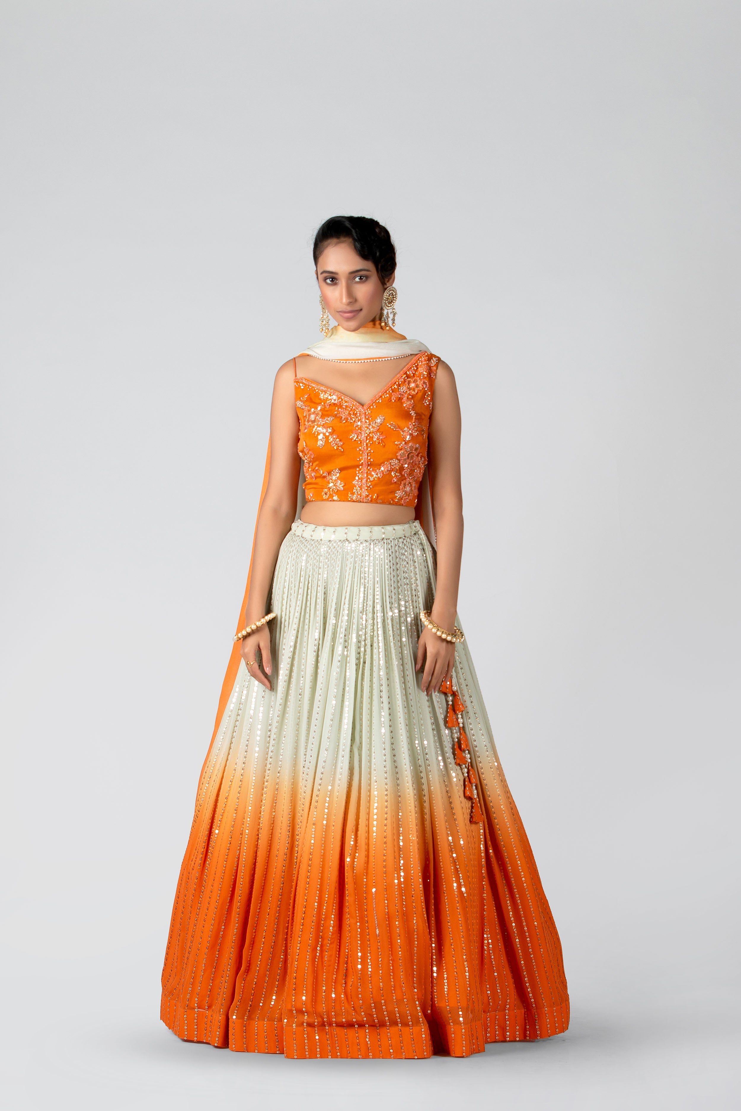 Suruchi Parakh - Blaze Orange & Sea Green Pleated Skirt Set