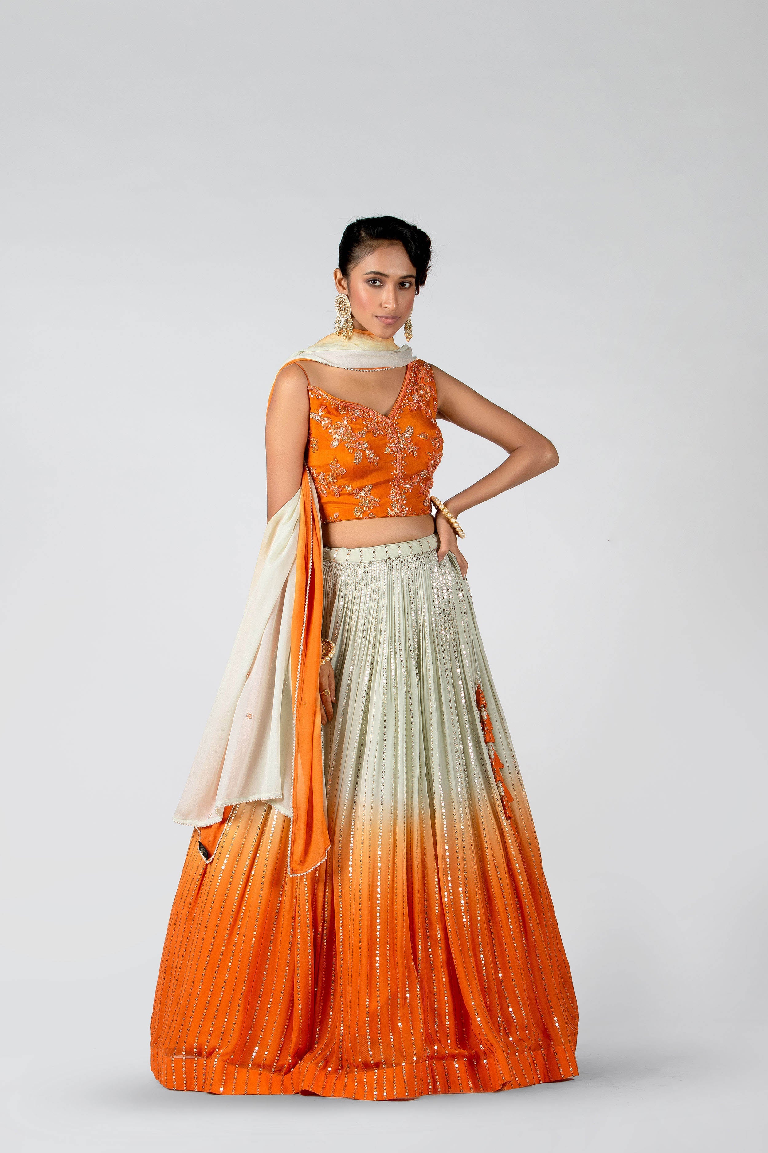 Suruchi Parakh - Blaze Orange & Sea Green Pleated Skirt Set