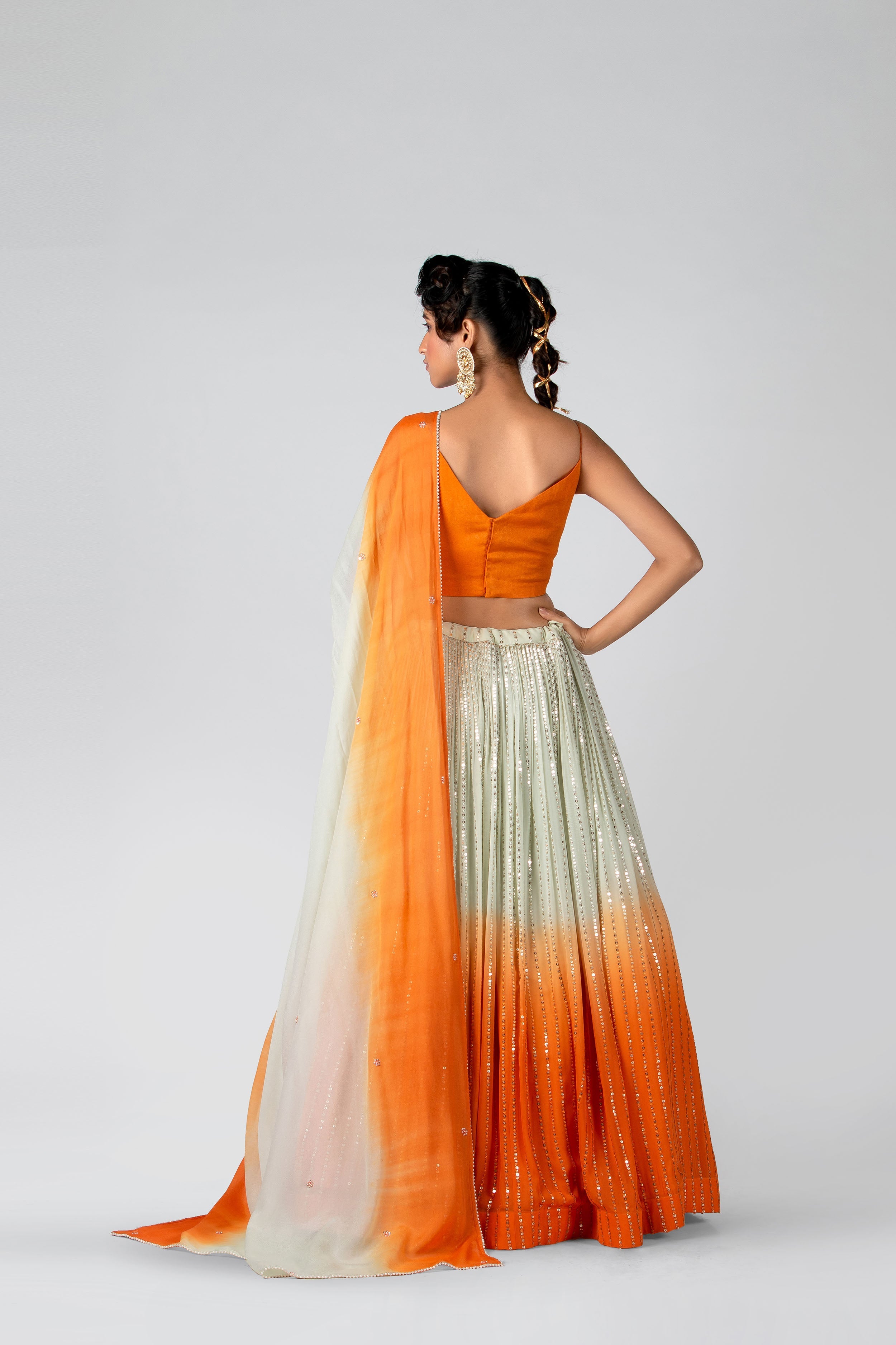 Suruchi Parakh - Blaze Orange & Sea Green Pleated Skirt Set