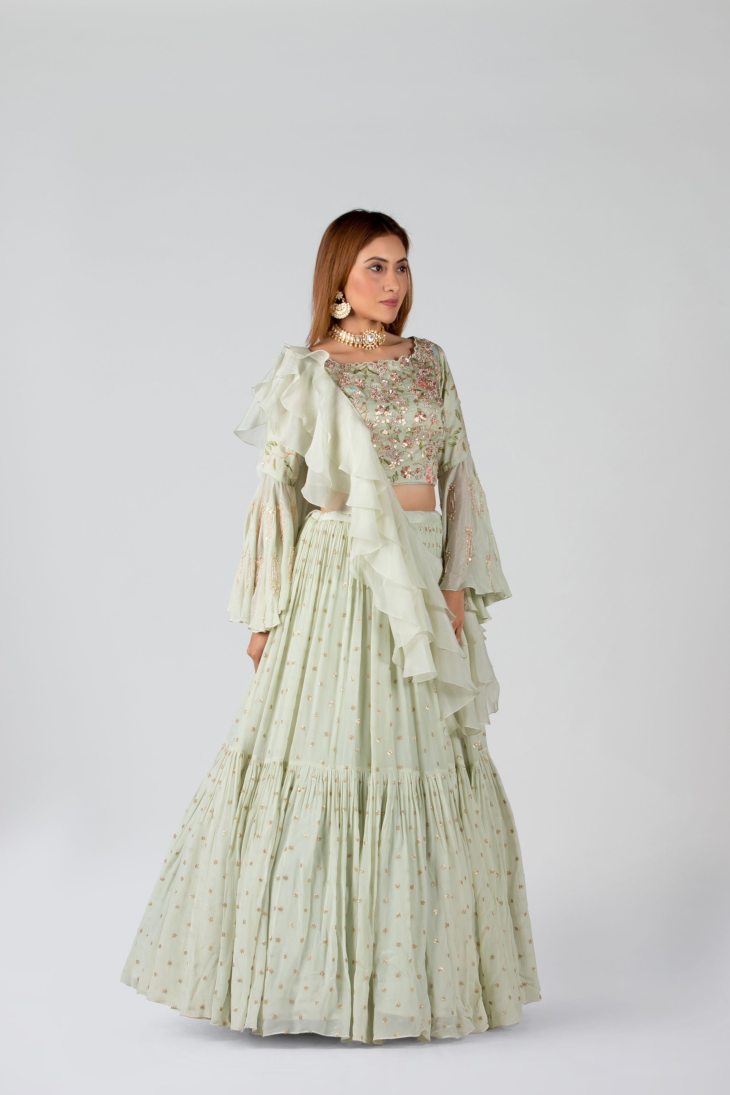 Suruchi Parakh - Mint Georgette & Satin Silk Layered Lehenga Set