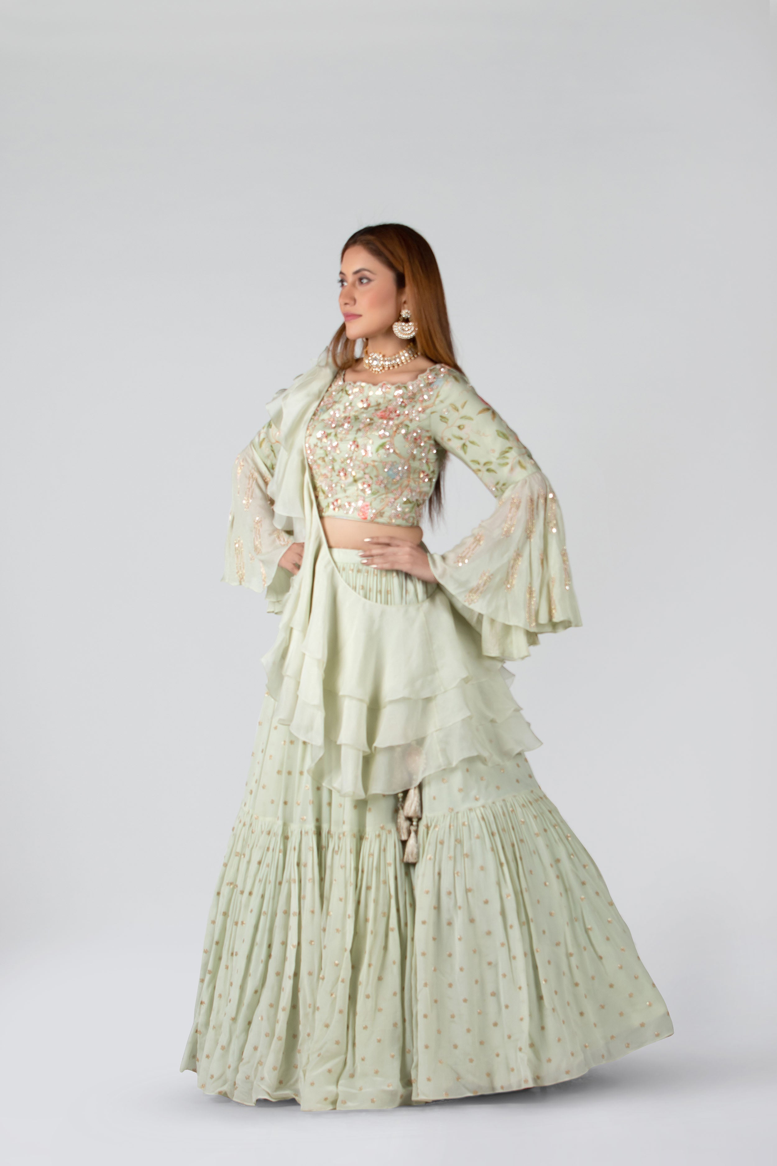 Suruchi Parakh - Mint Georgette & Satin Silk Layered Lehenga Set