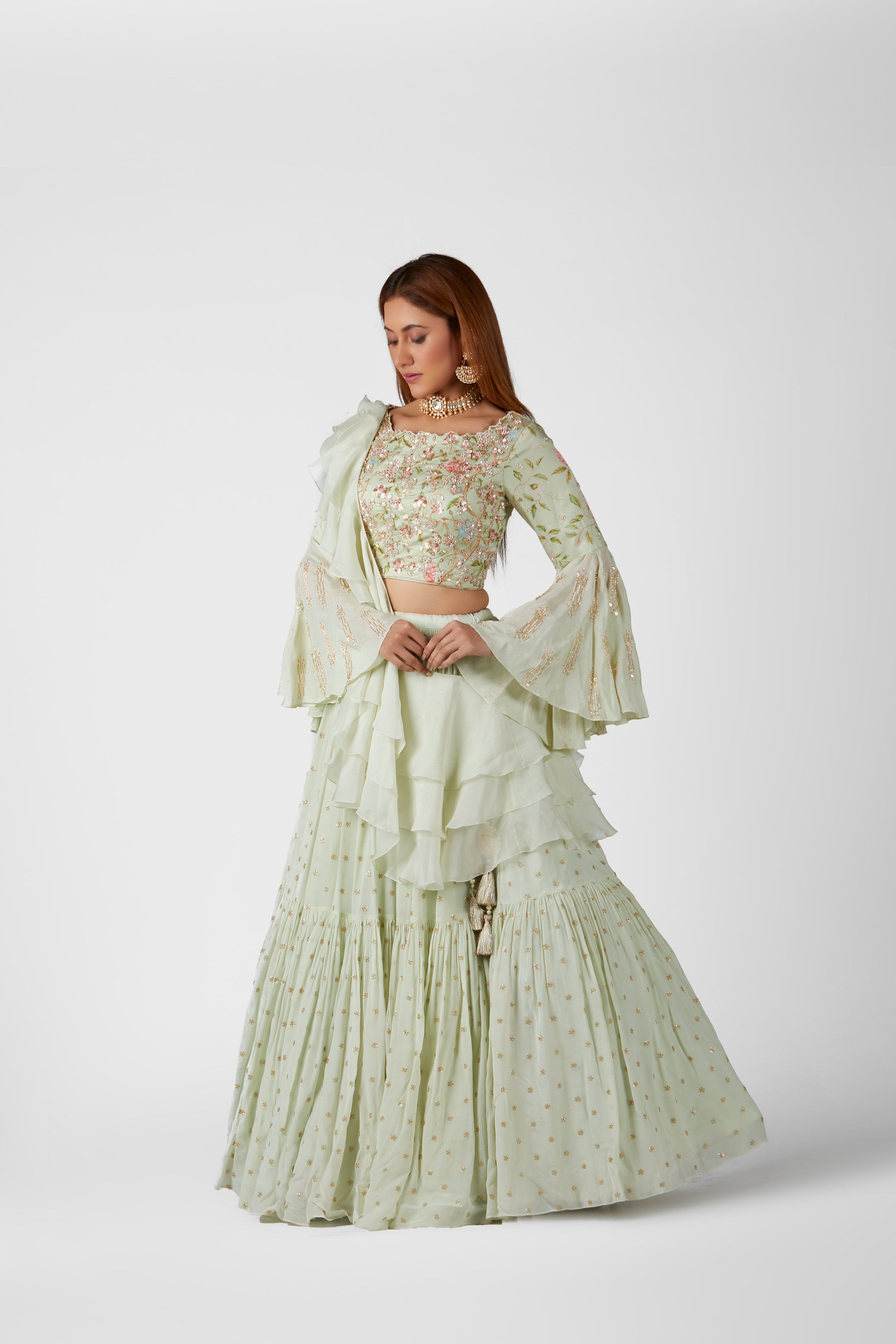 Suruchi Parakh - Mint Georgette & Satin Silk Layered Lehenga Set