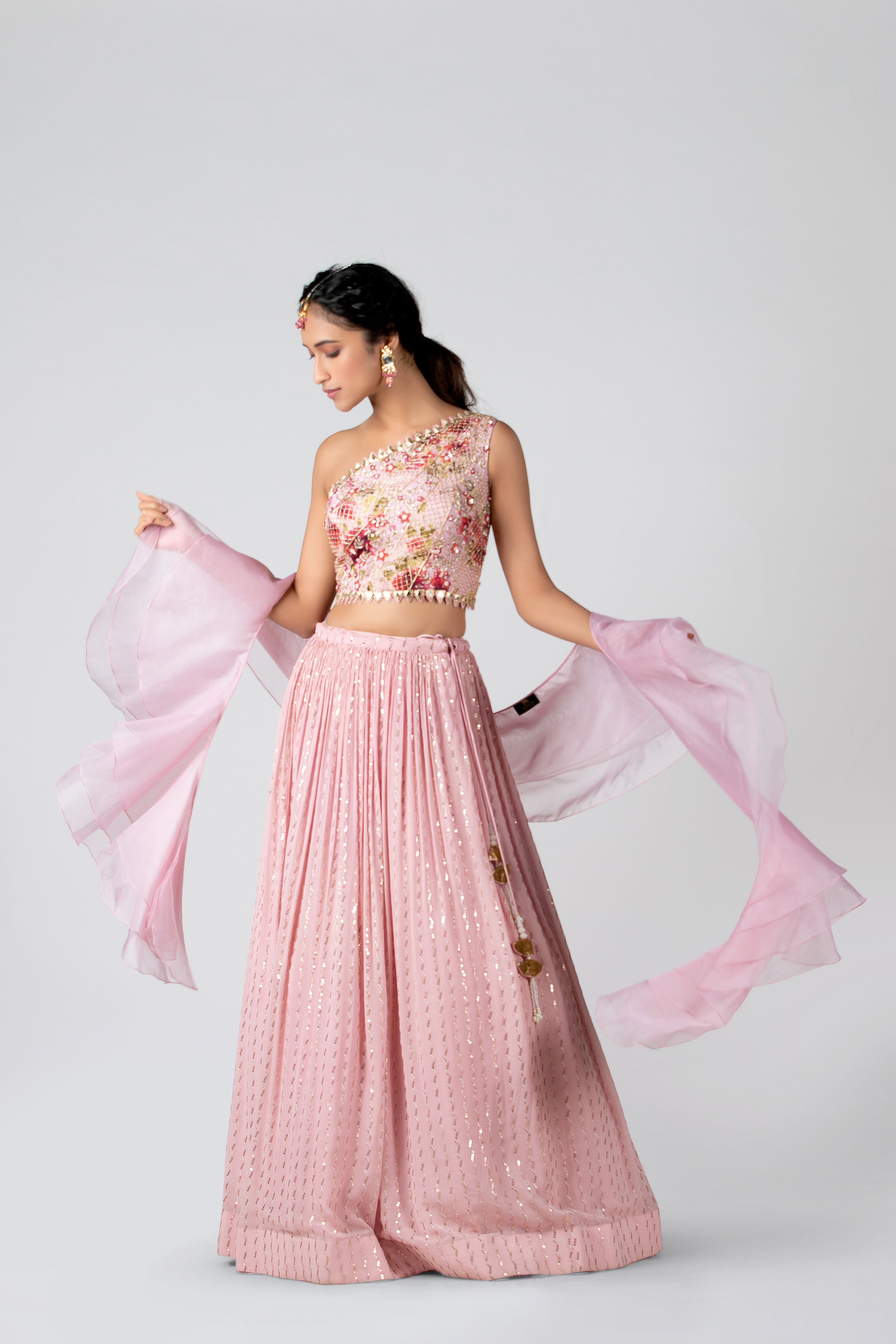 Suruchi Parakh - Blush Pink Georgette Crepe Pleated Lehenga Set