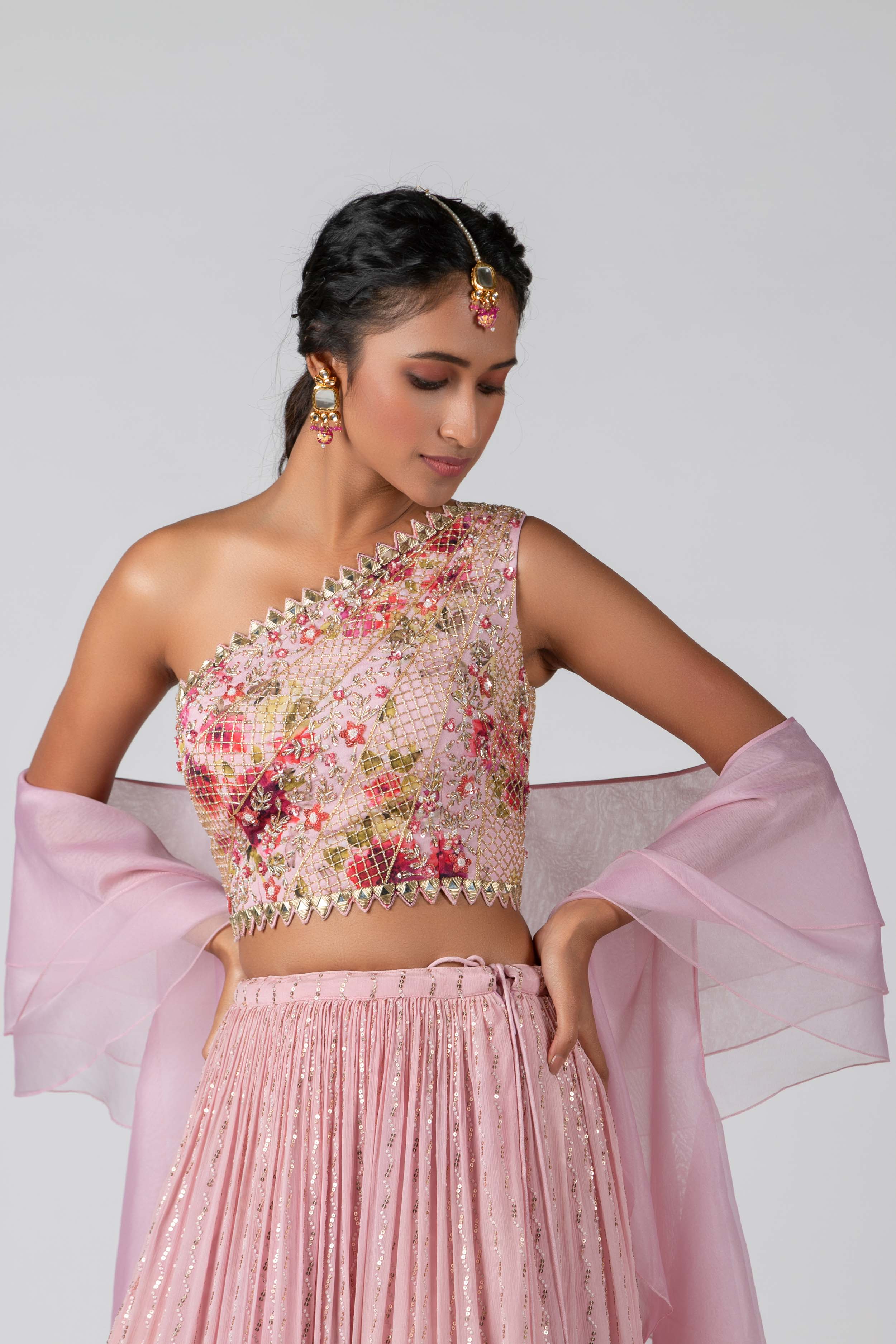Suruchi Parakh - Blush Pink Georgette Crepe Pleated Lehenga Set