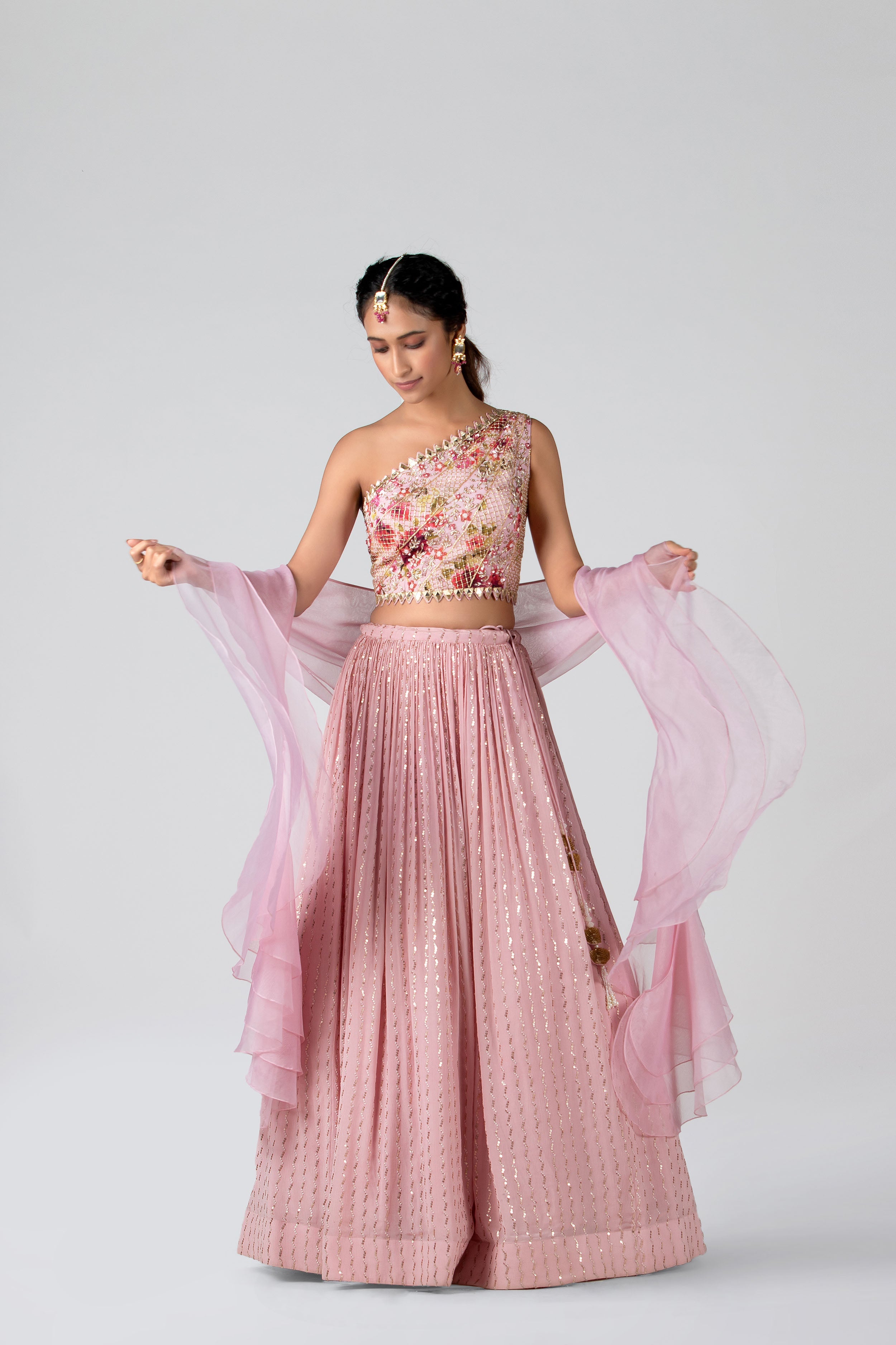 Suruchi Parakh - Blush Pink Georgette Crepe Pleated Lehenga Set
