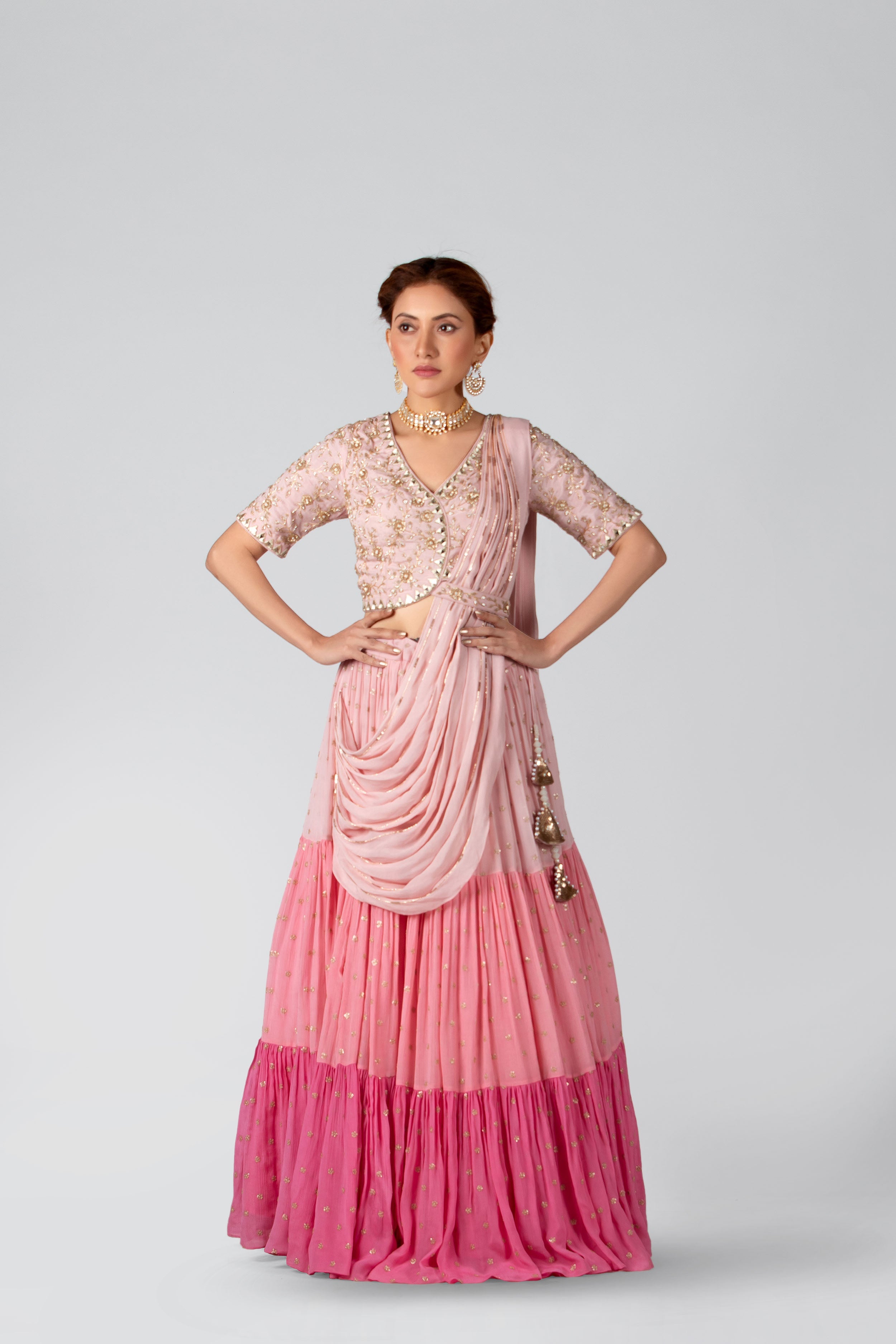 Suruchi Parakh - Blush Pink Georgette Crepe Layered Lehenga Set