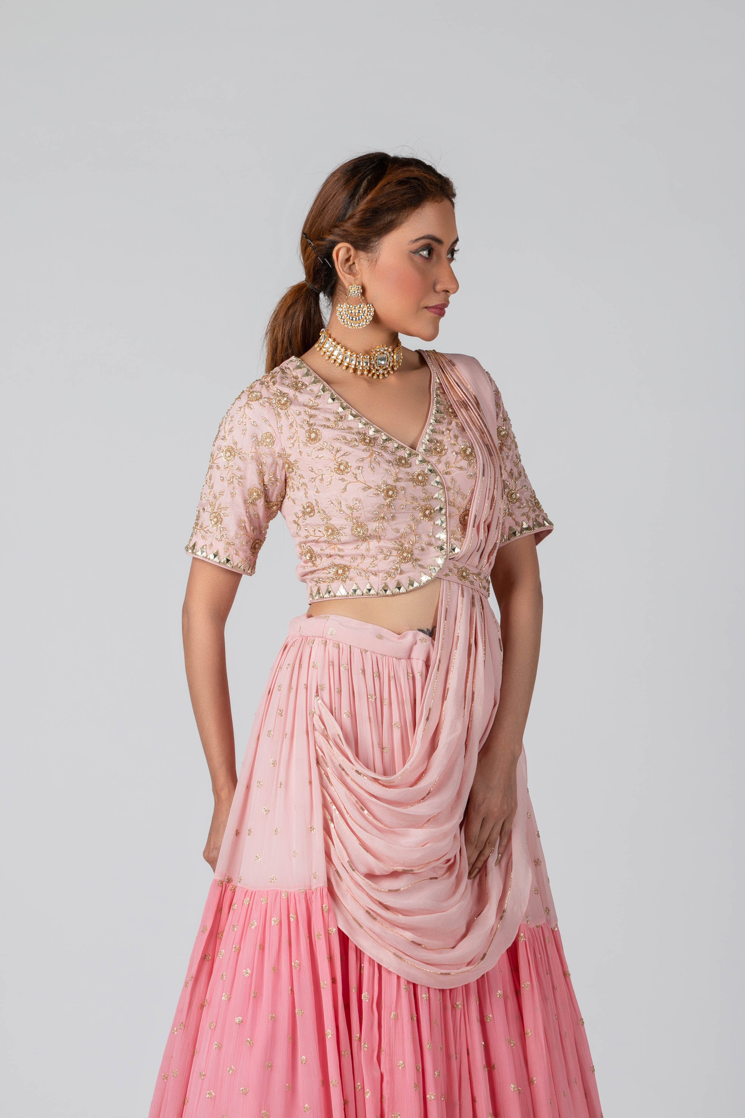 Suruchi Parakh - Blush Pink Georgette Crepe Layered Lehenga Set