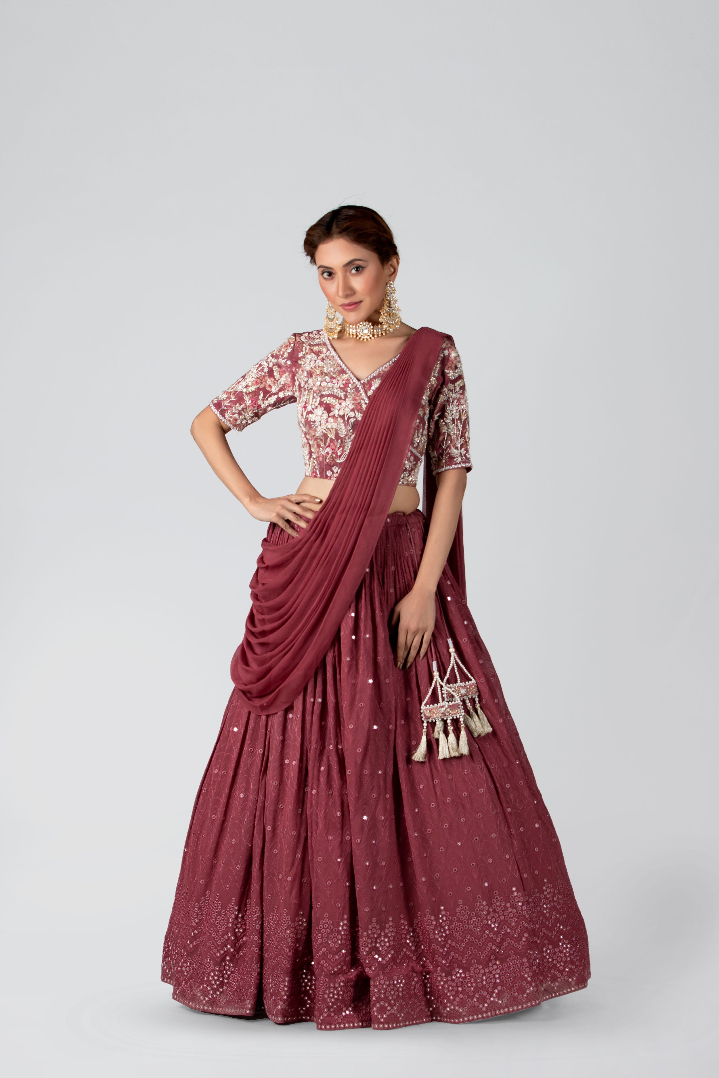 Suruchi Parakh - Dark Mauve Georgette & Crepe Pleated Skirt Set