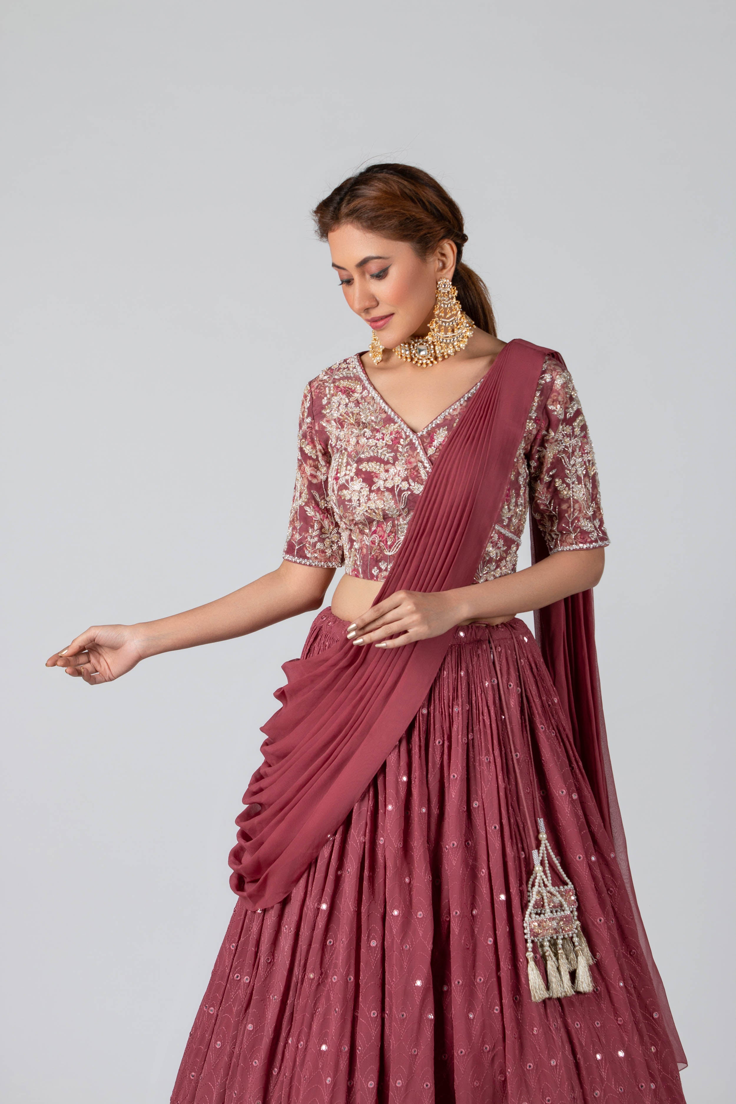Suruchi Parakh - Dark Mauve Georgette & Crepe Pleated Skirt Set