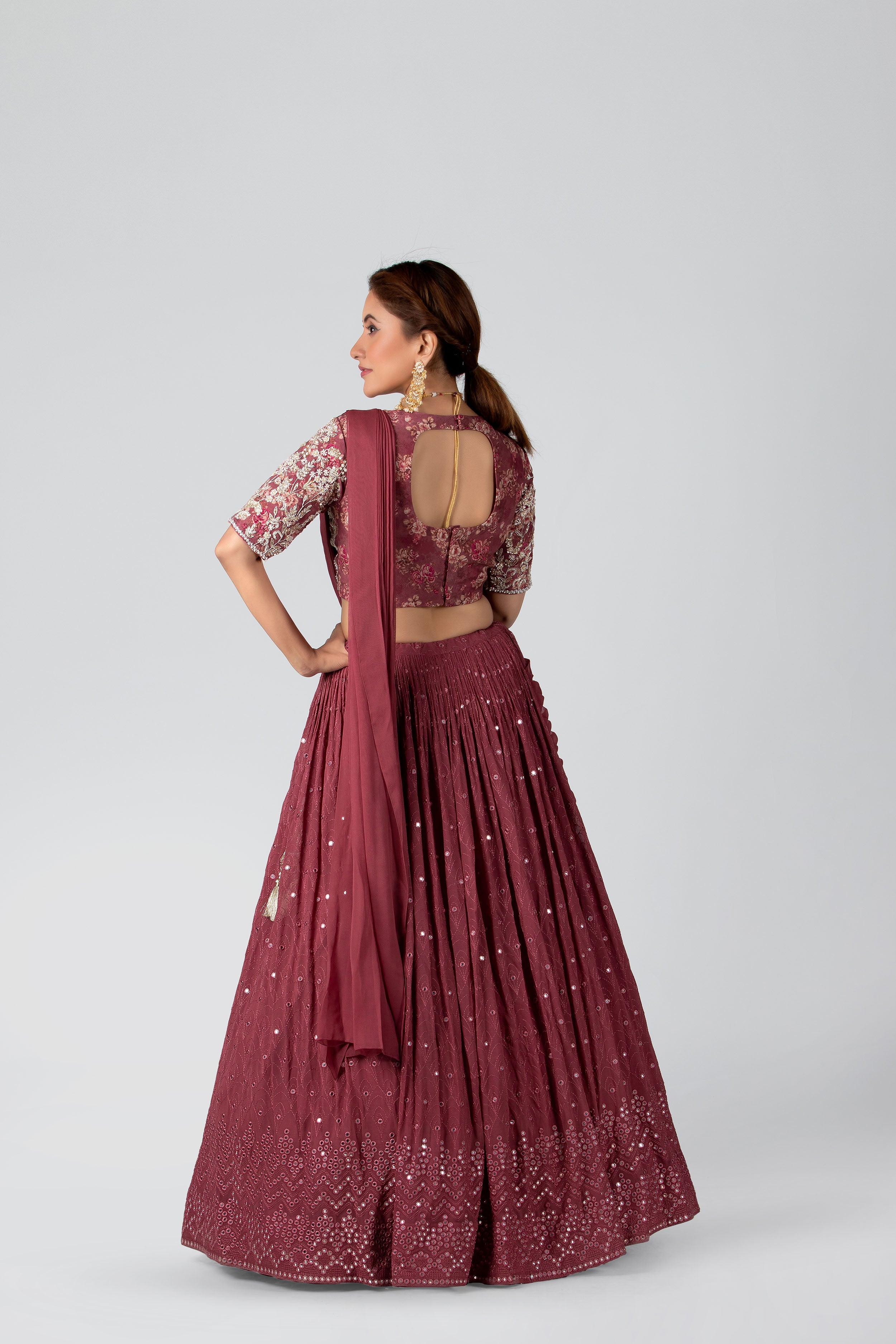 Suruchi Parakh - Dark Mauve Georgette & Crepe Pleated Skirt Set