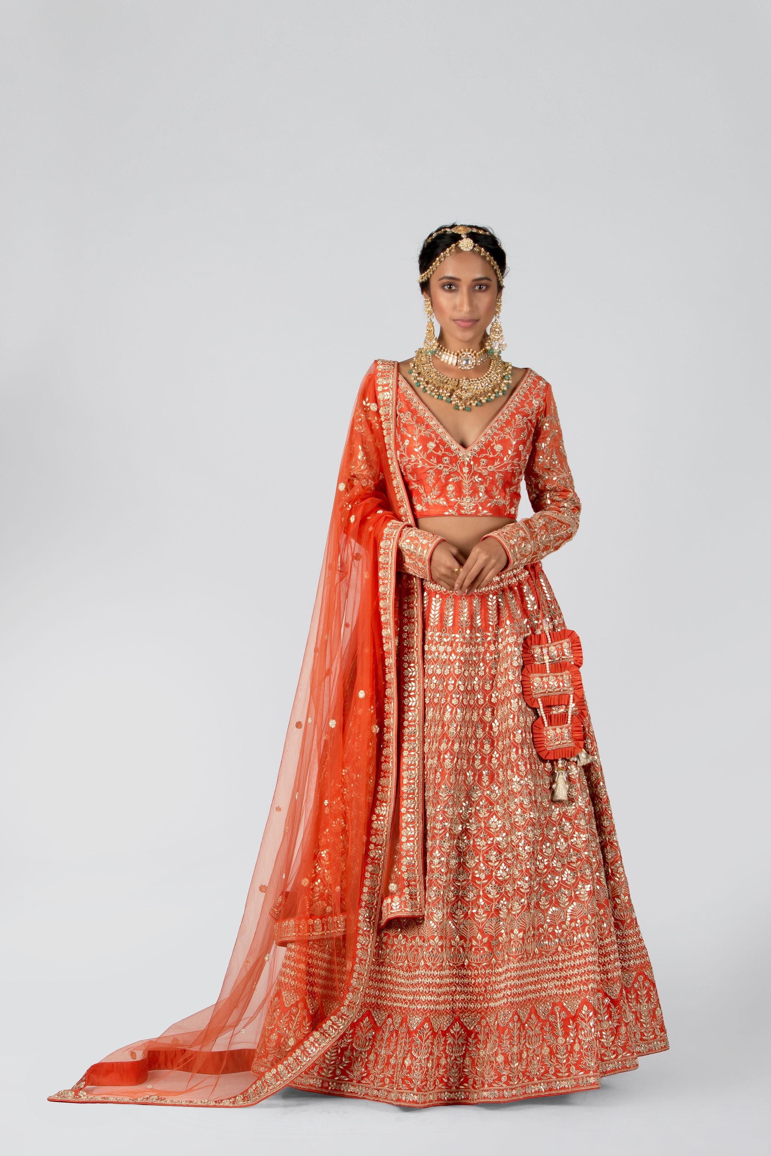 Suruchi Parakh - Rust Orange Floral Embroidered Bridal Lehenga Set
