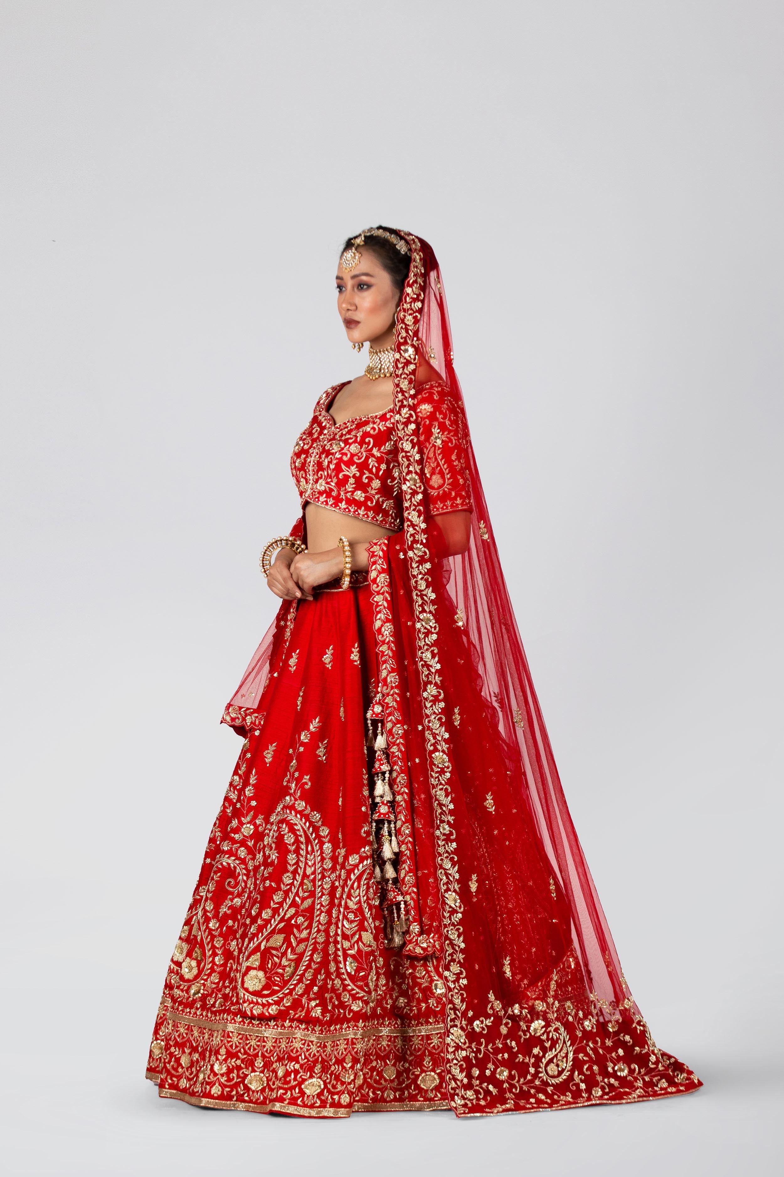 Suruchi Parakh - Cadmium Red Raw Silk & Net Lehenga Set