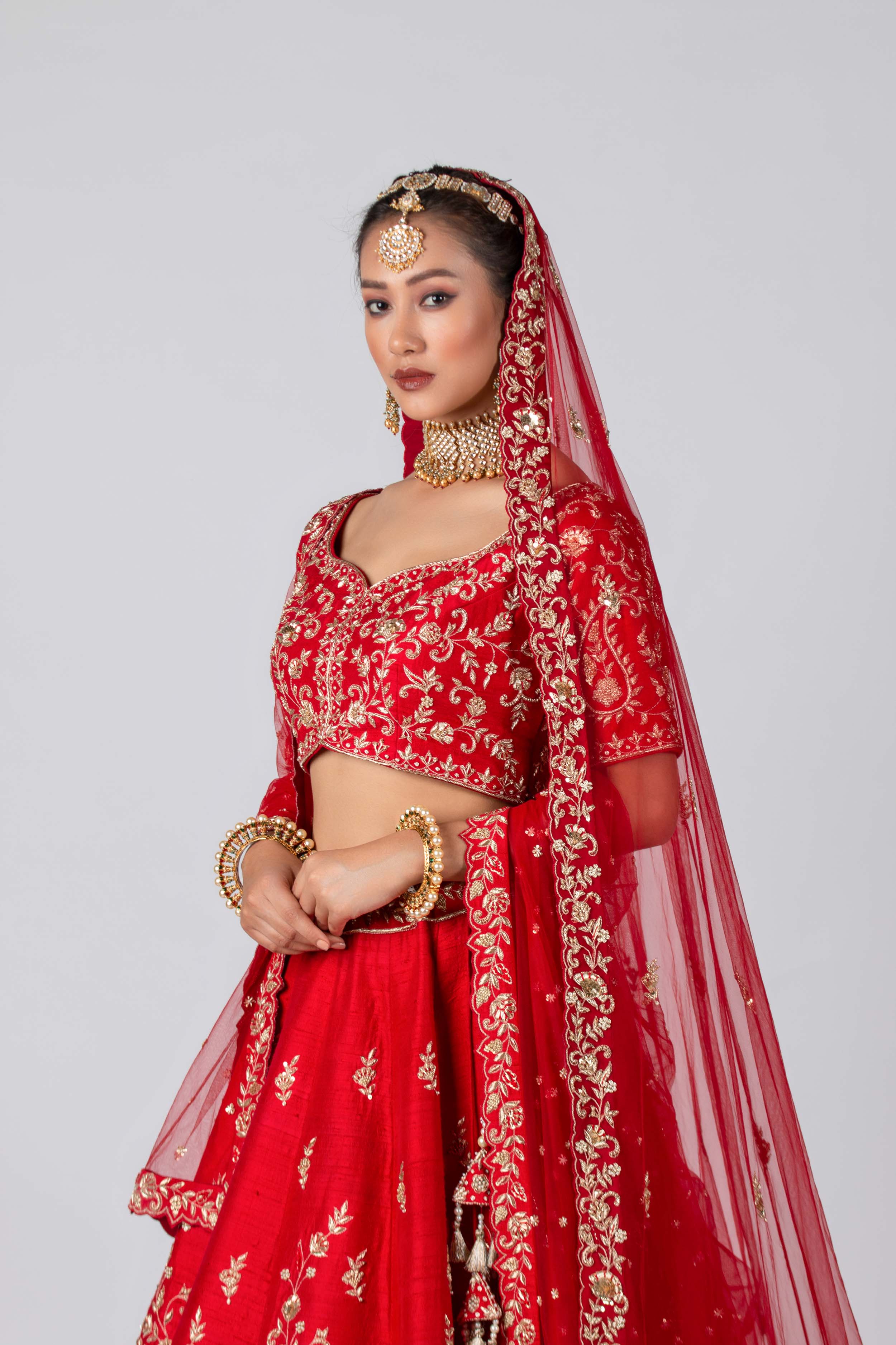 Suruchi Parakh - Cadmium Red Raw Silk & Net Lehenga Set