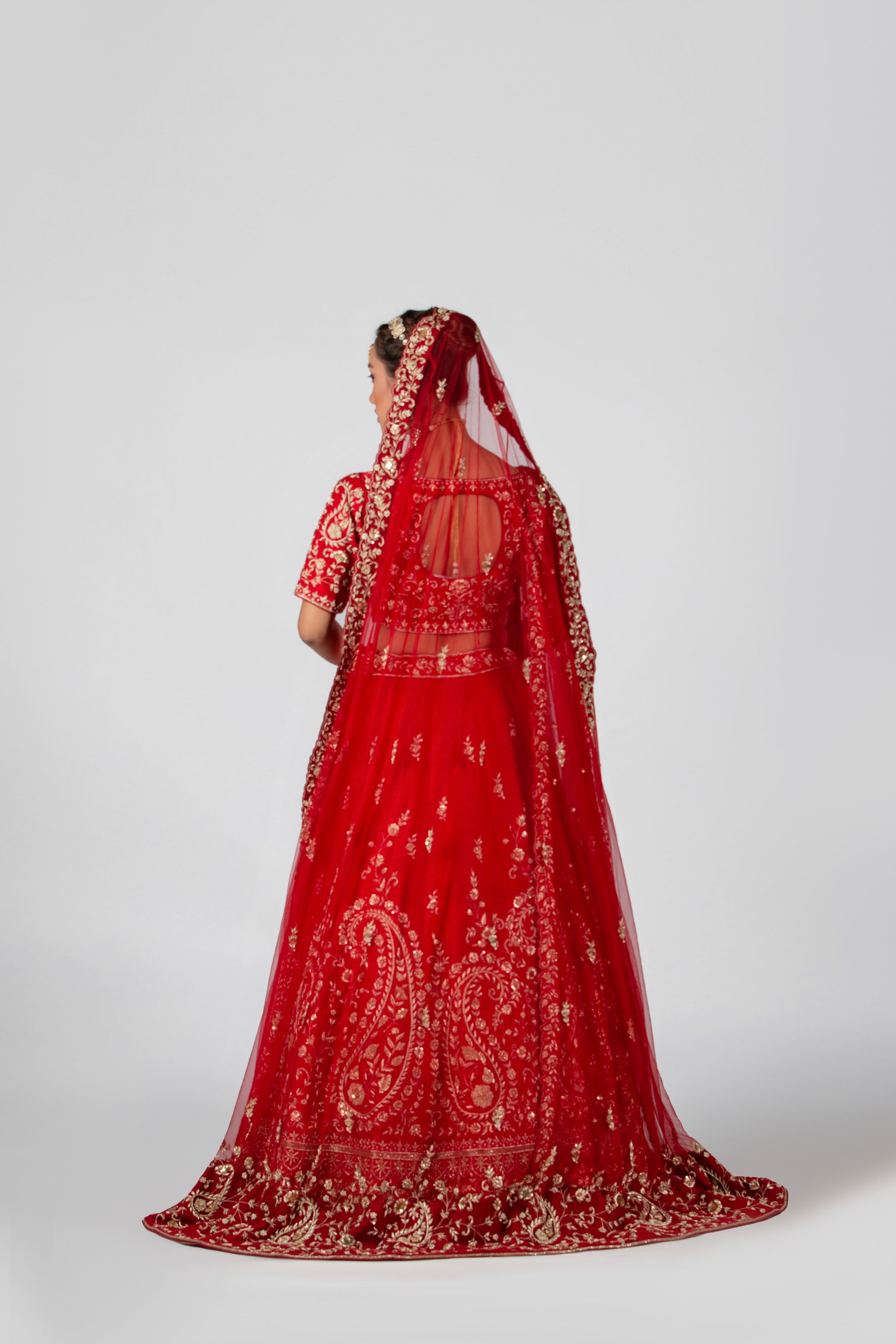 Suruchi Parakh - Cadmium Red Raw Silk & Net Lehenga Set