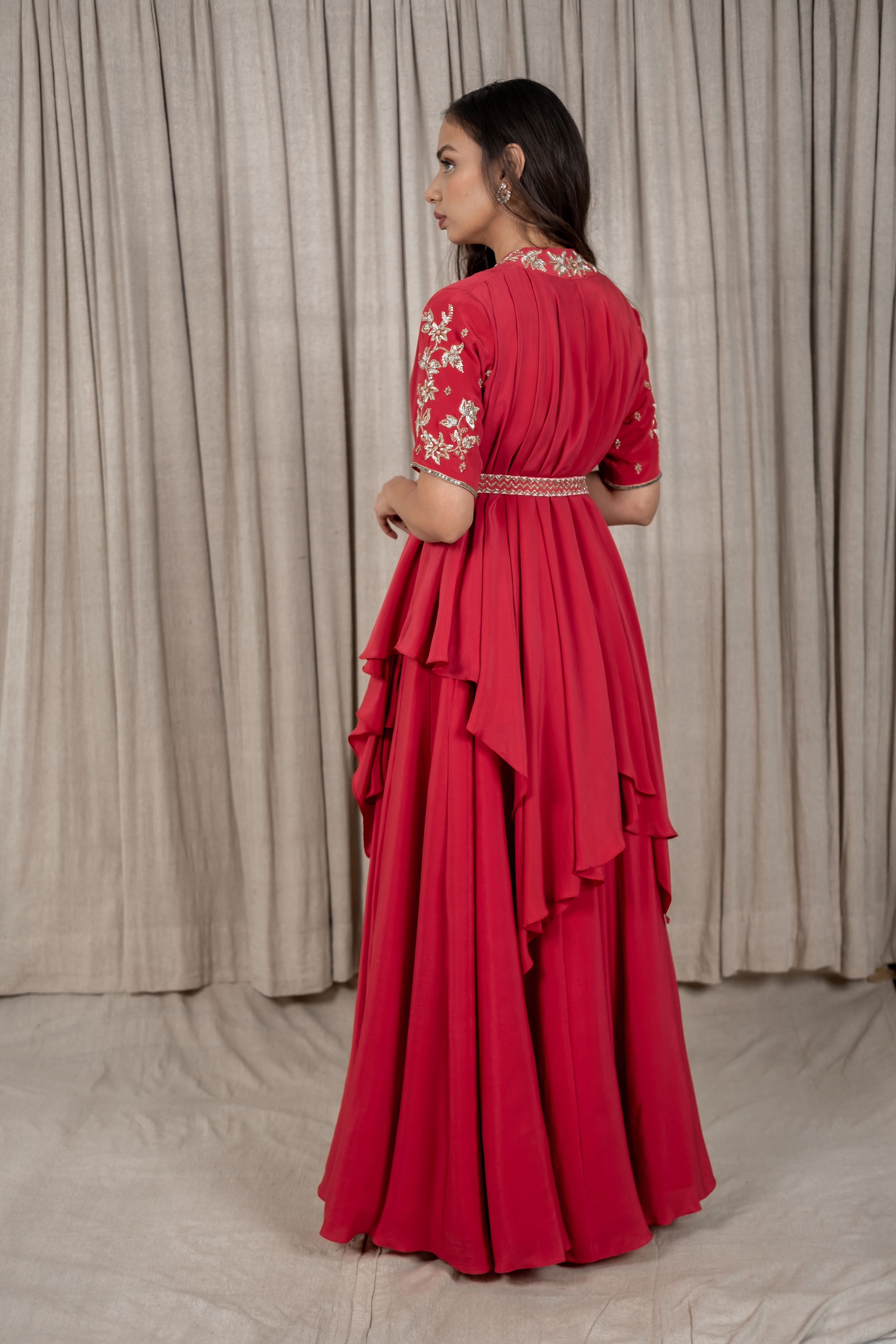 Varsana By Vandana Jaju & Aditi Jaju - Berry Red Embroidered Draped Jacket Set