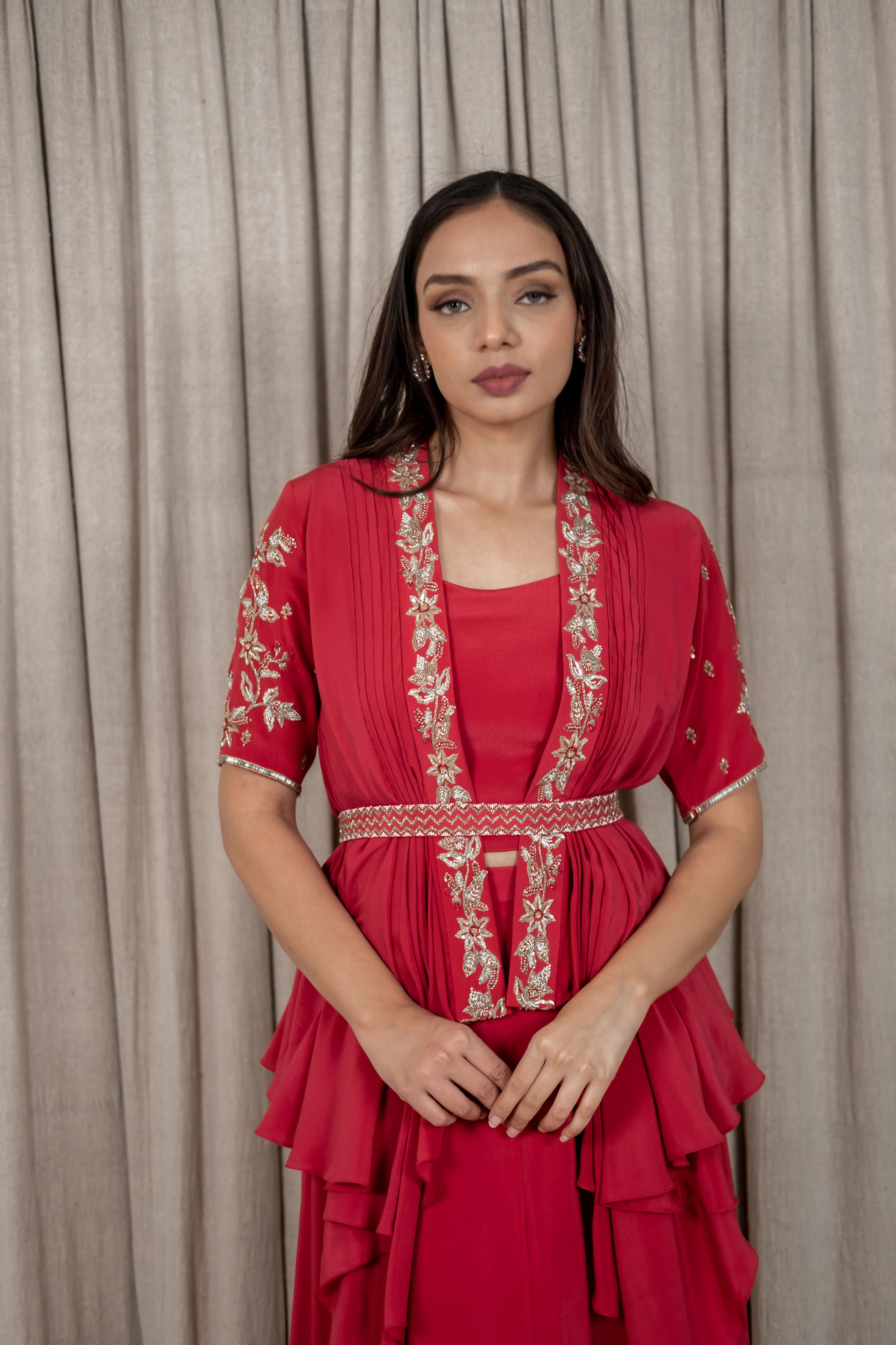 Varsana By Vandana Jaju & Aditi Jaju - Berry Red Embroidered Draped Jacket Set