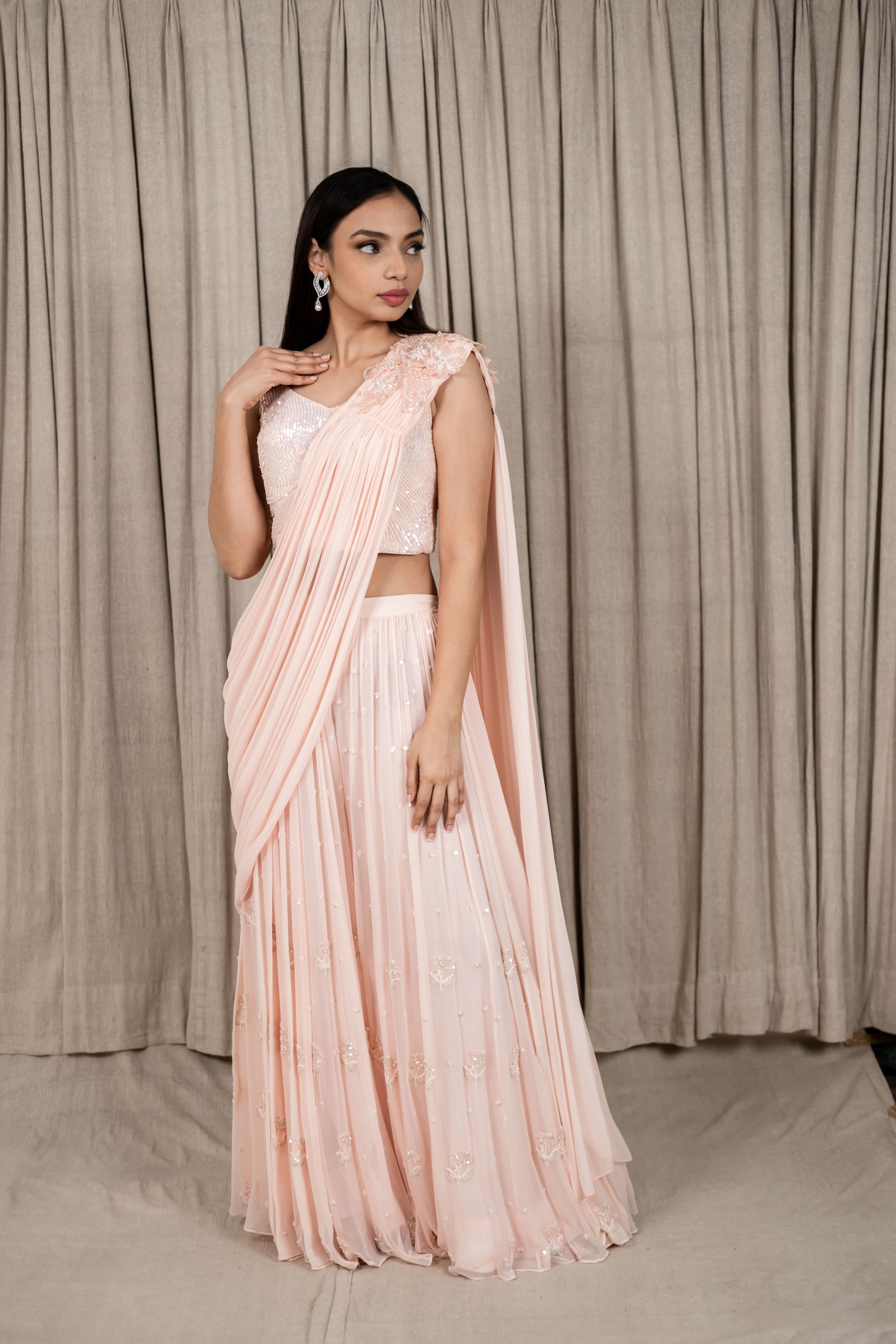 Varsana By Vandana Jaju & Aditi Jaju - Pastel Peach Embroidered Draped Saree Sharara Set