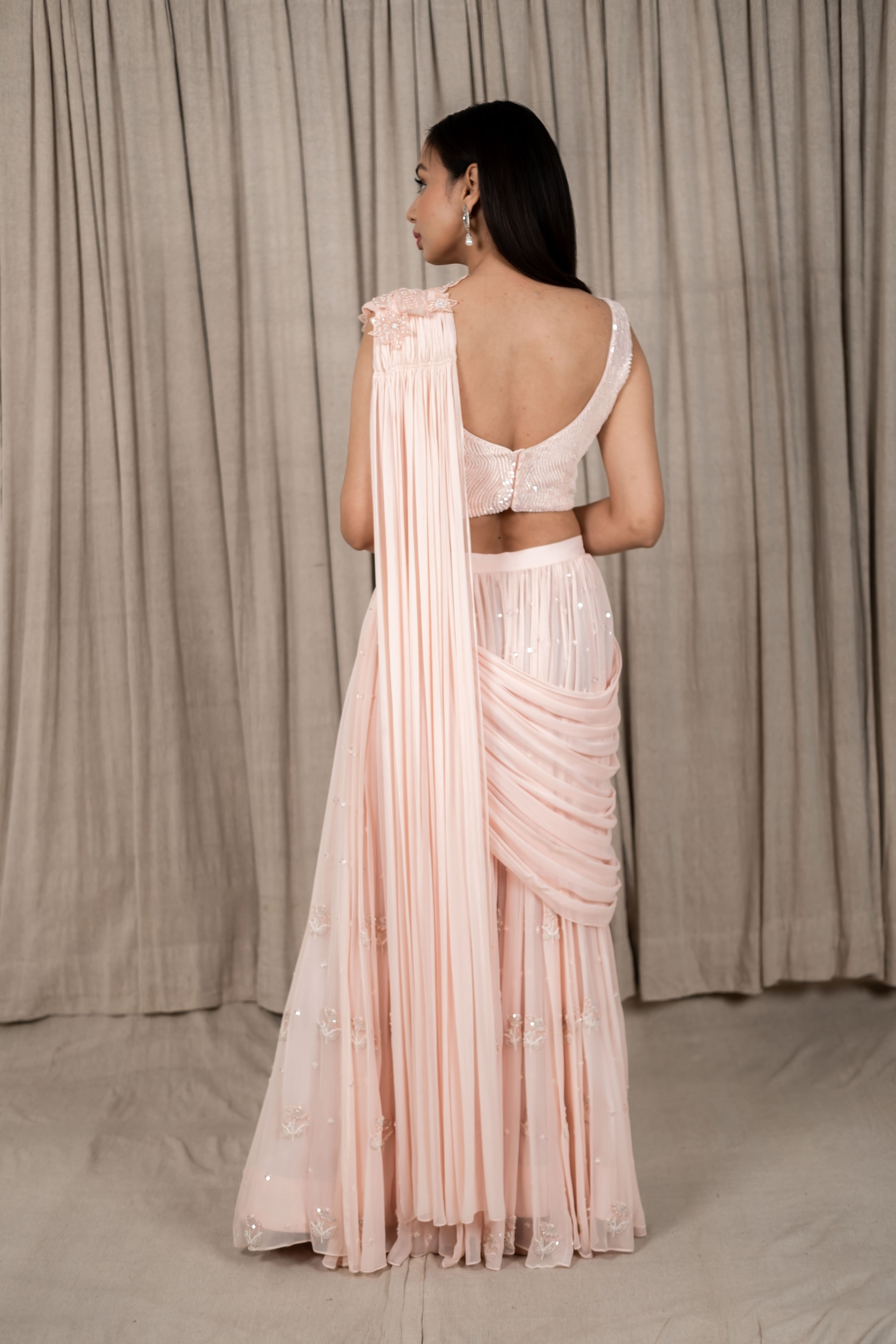 Varsana By Vandana Jaju & Aditi Jaju - Pastel Peach Embroidered Draped Saree Sharara Set
