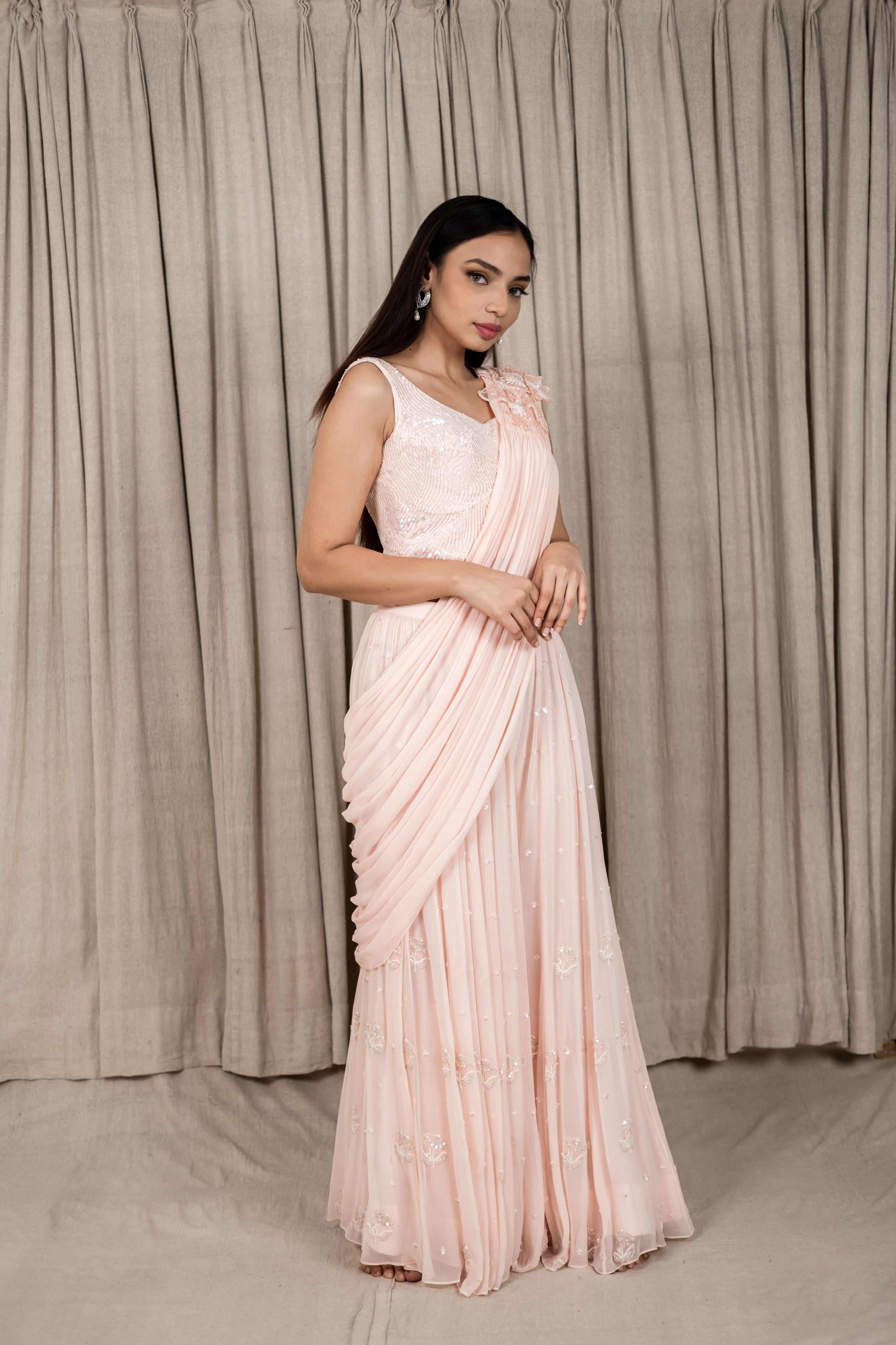 Varsana By Vandana Jaju & Aditi Jaju - Pastel Peach Embroidered Draped Saree Sharara Set