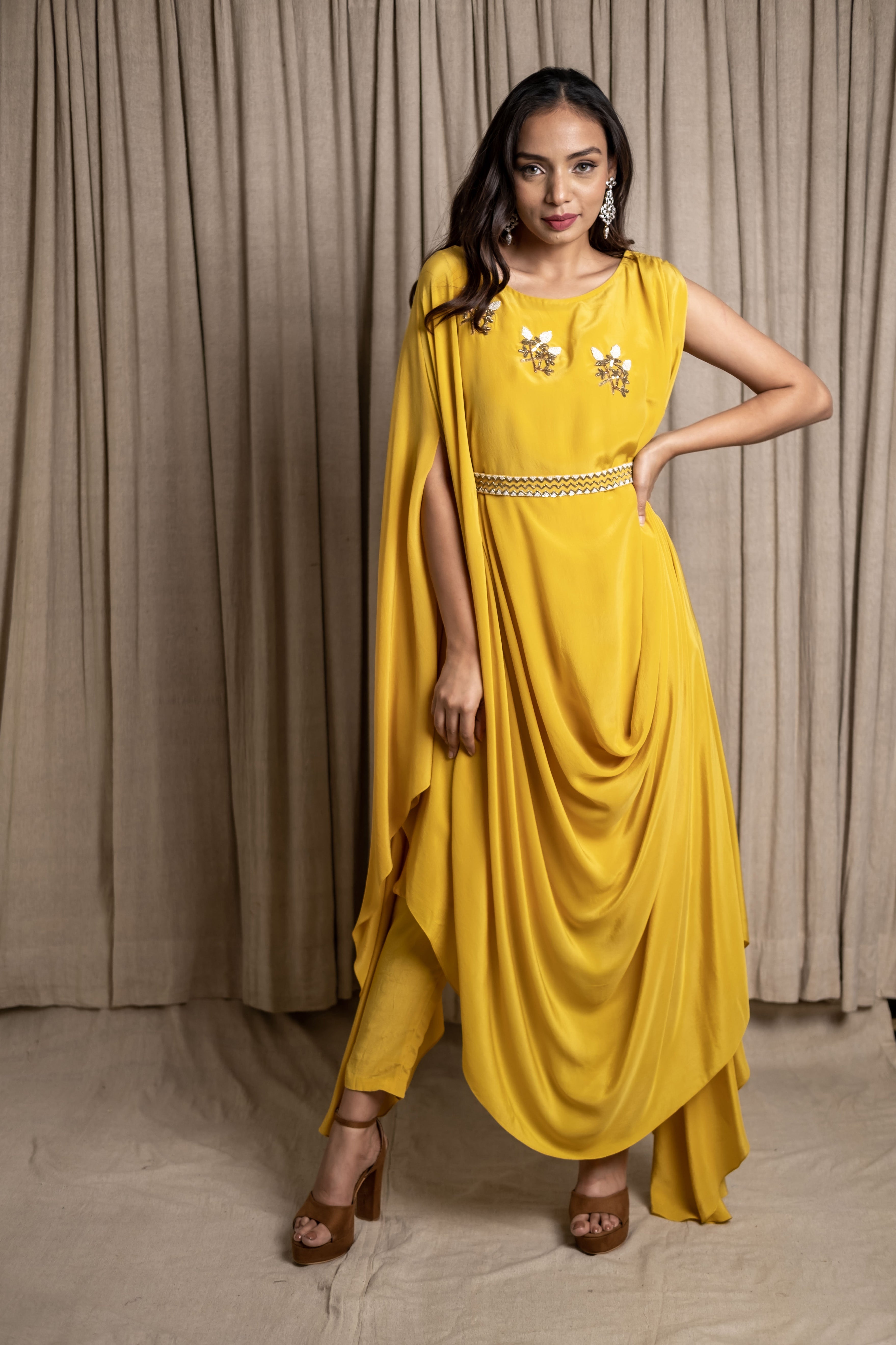 Varsana By Vandana Jaju & Aditi Jaju - Uneven Embroidered Draped Cowl Dress Set - Yellow