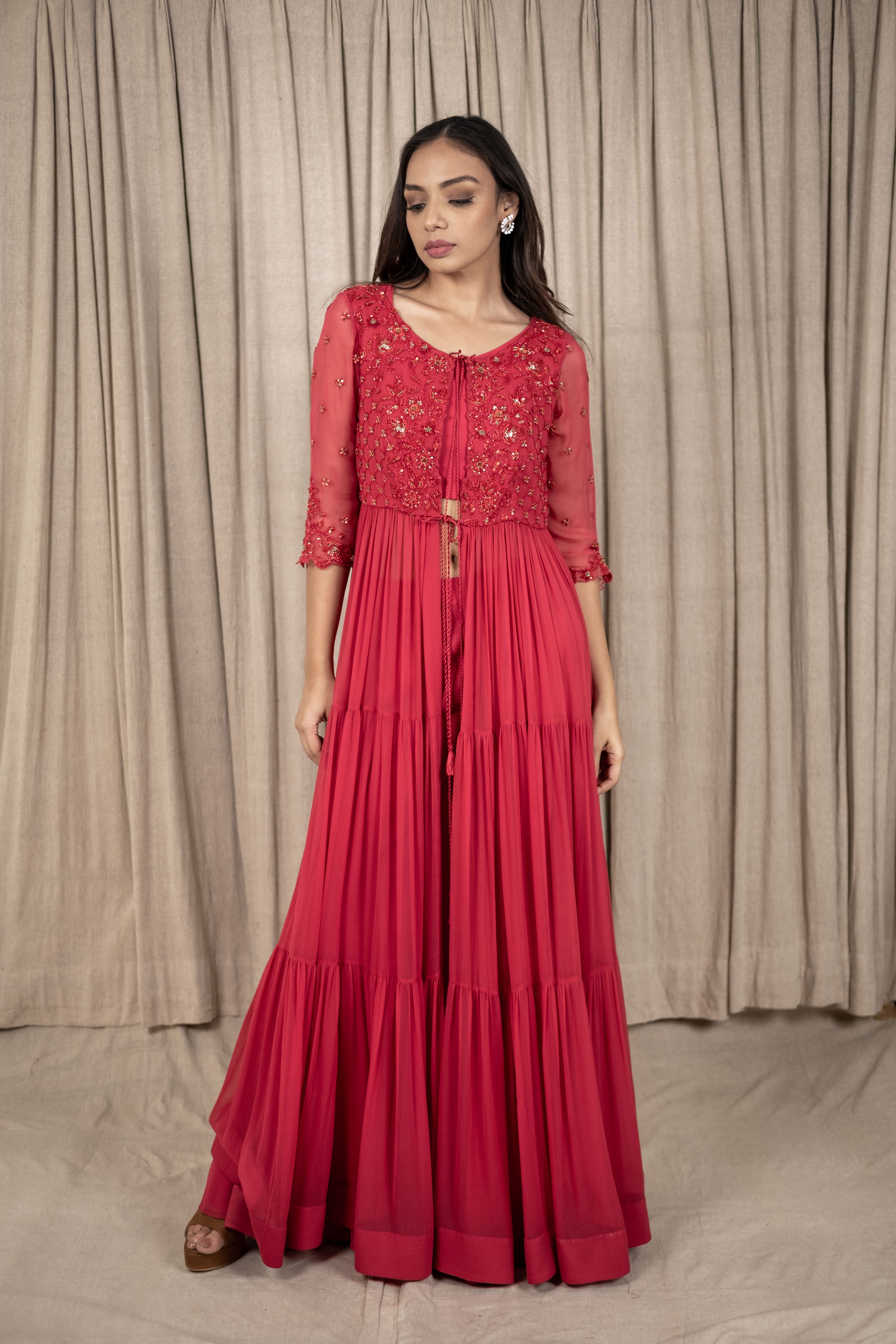 Varsana By Vandana Jaju & Aditi Jaju - Berry Red Embroidered Anarkali Jacket Set