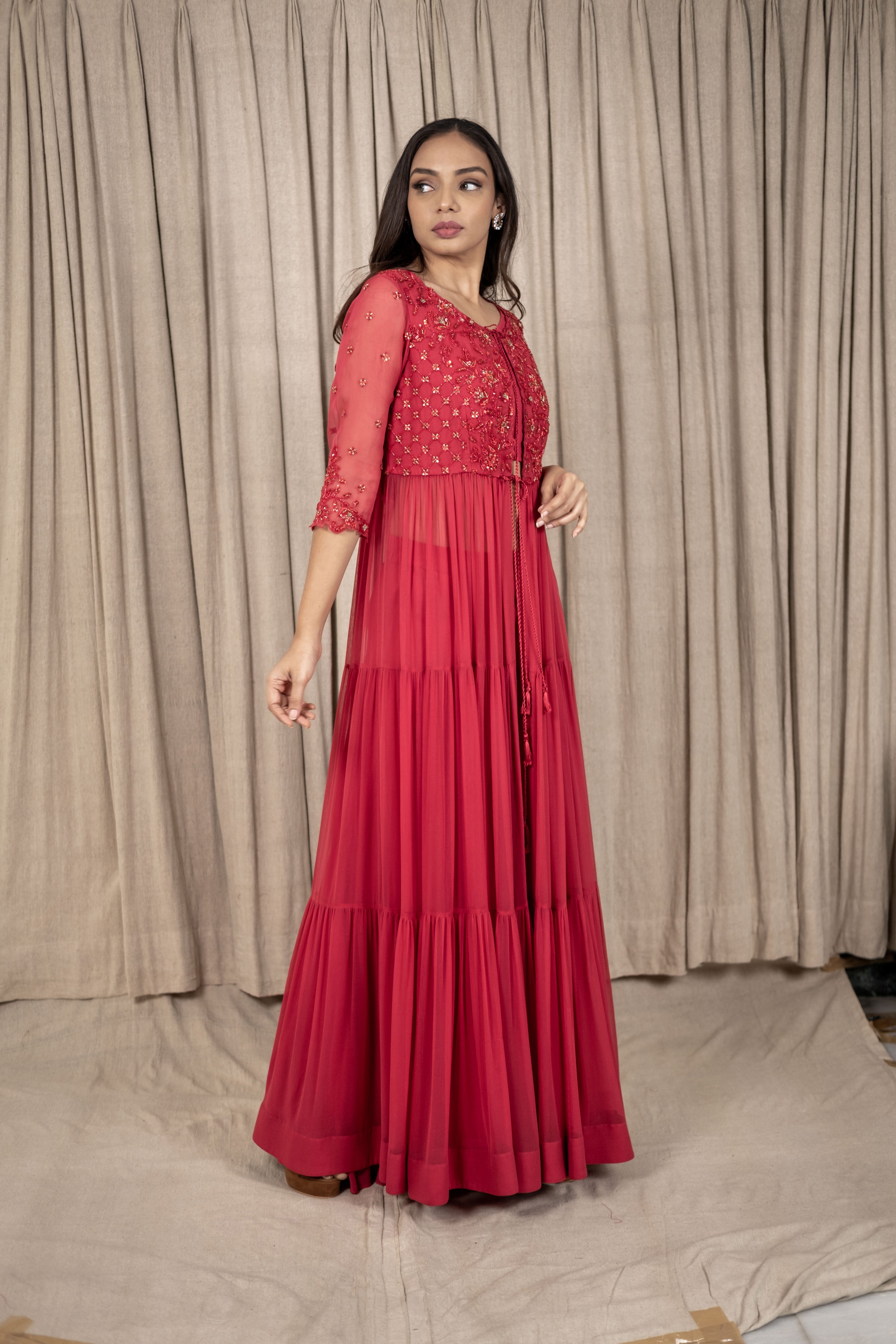 Varsana By Vandana Jaju & Aditi Jaju - Berry Red Embroidered Anarkali Jacket Set
