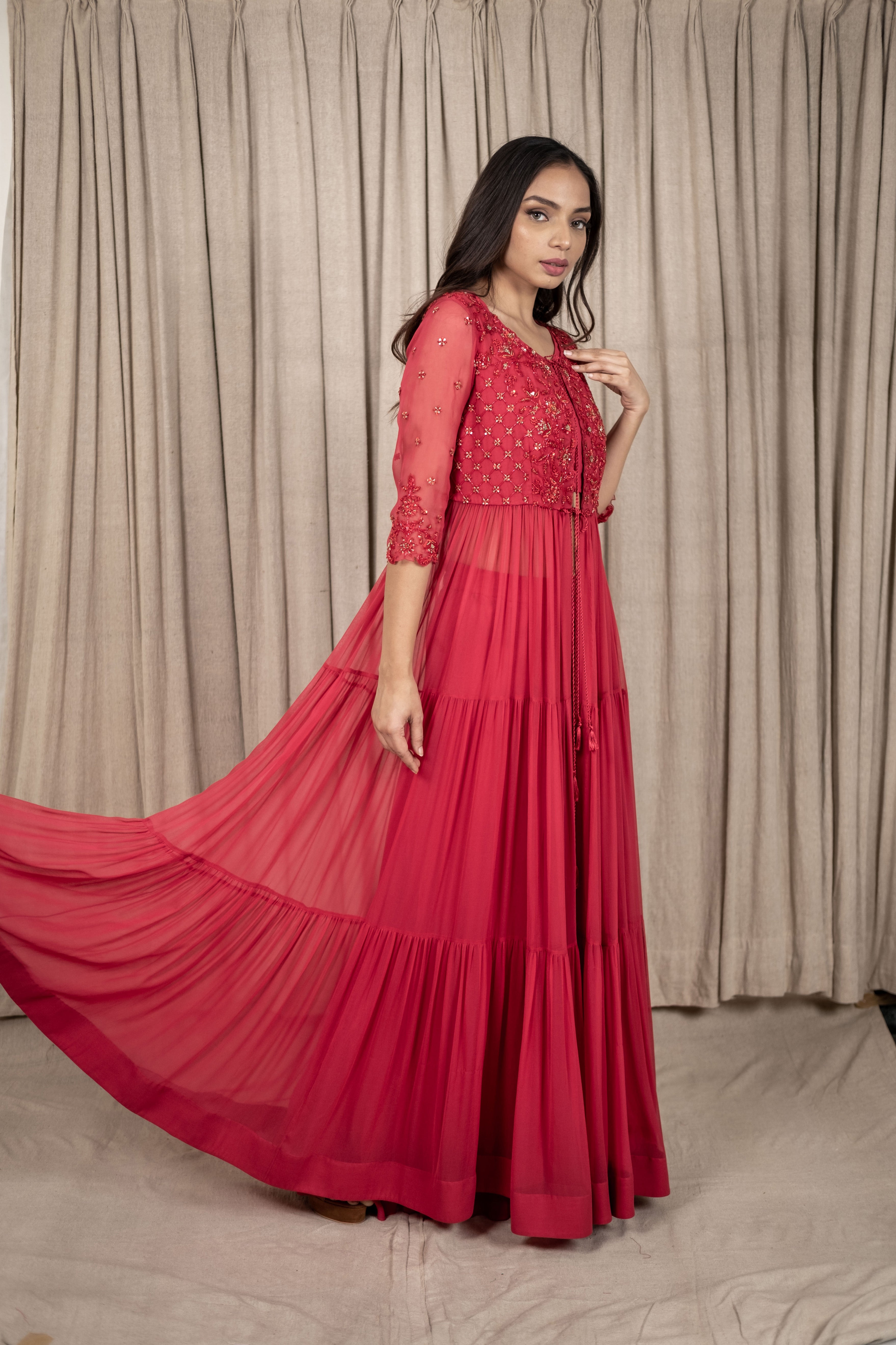 Varsana By Vandana Jaju & Aditi Jaju - Berry Red Embroidered Anarkali Jacket Set