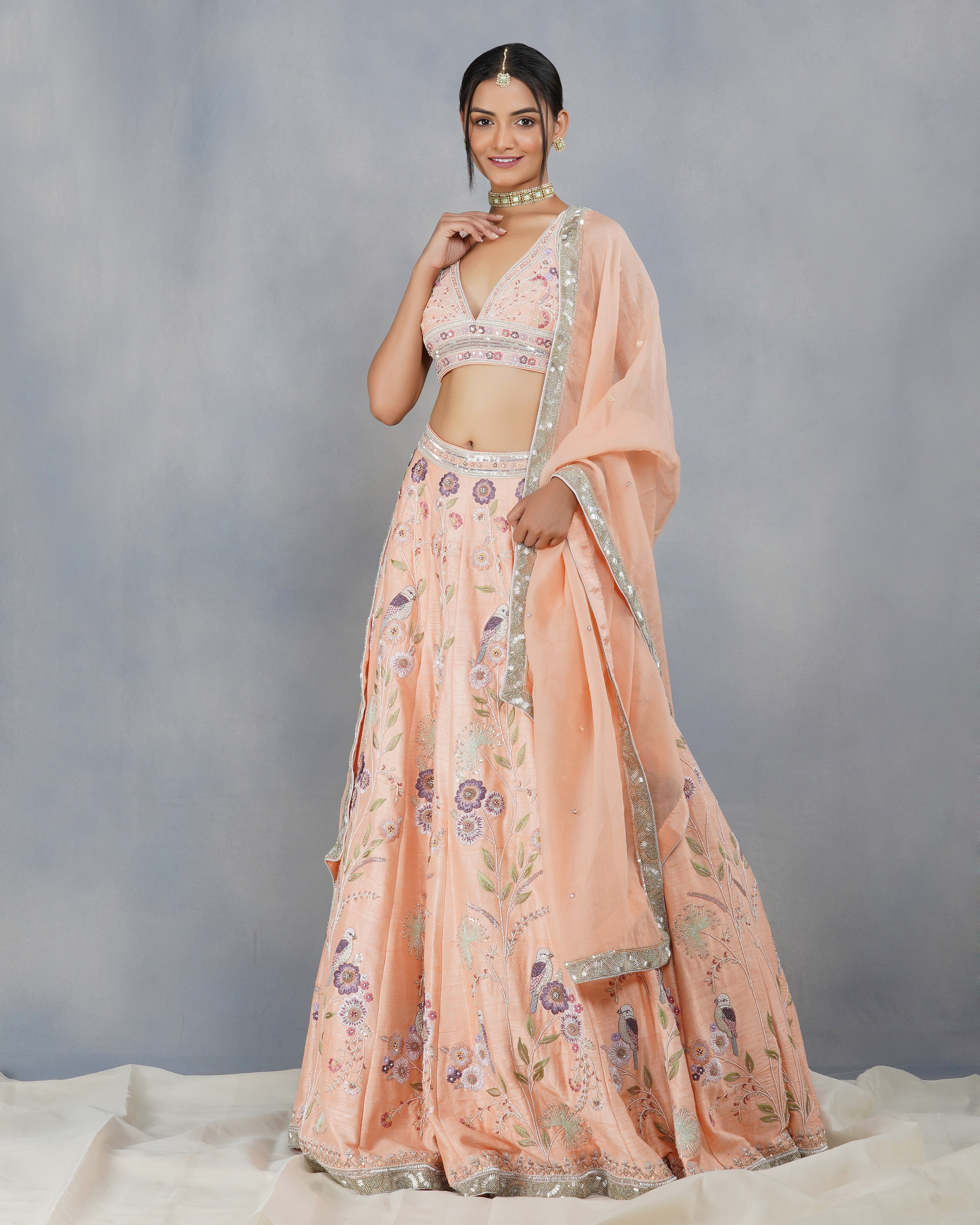 CY Dipti Chhabra Aaira - Peach Floral Embroidered Lehenga Set Front 1