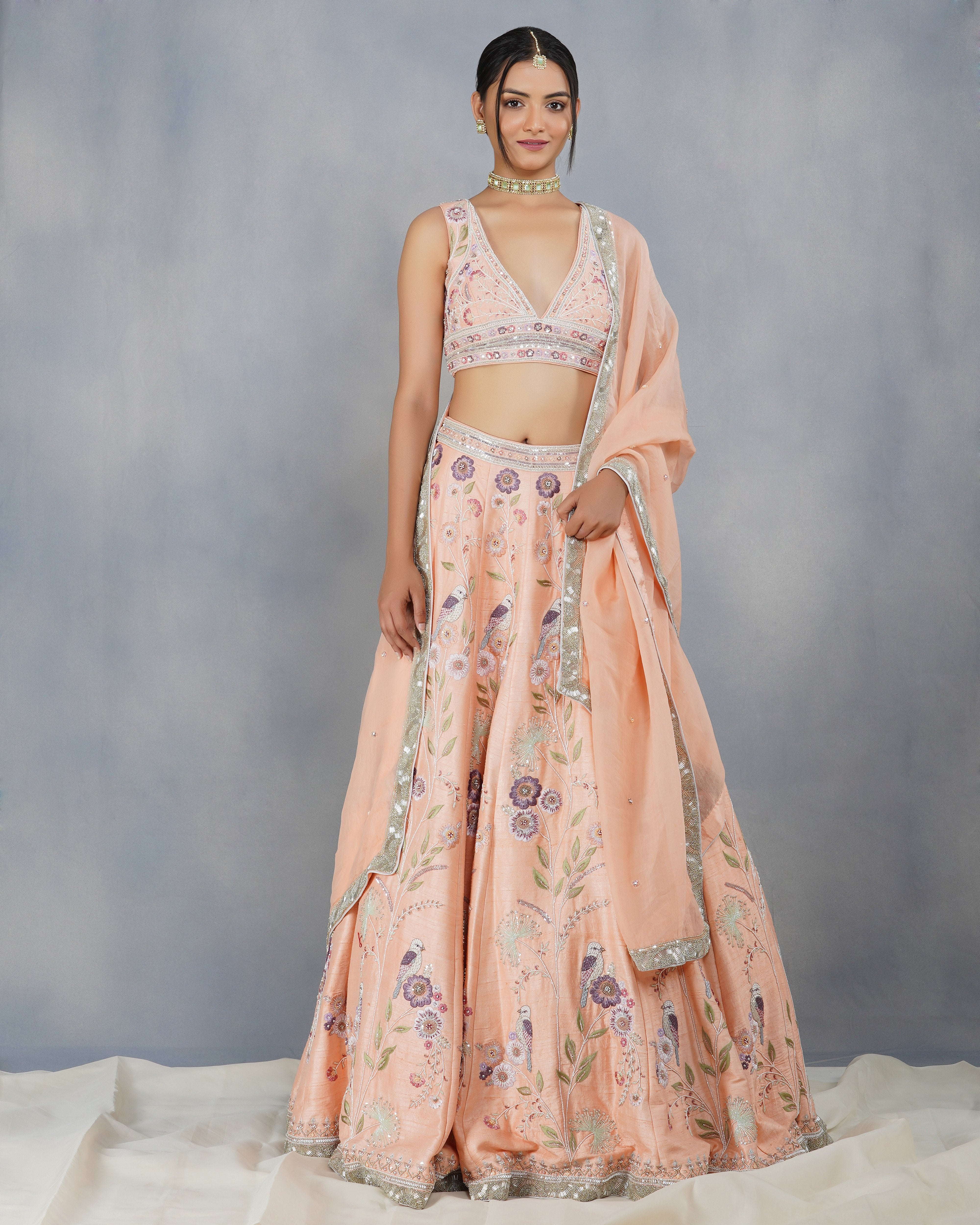 CY Dipti Chhabra Aaira - Peach Floral Embroidered Lehenga Set Front 2