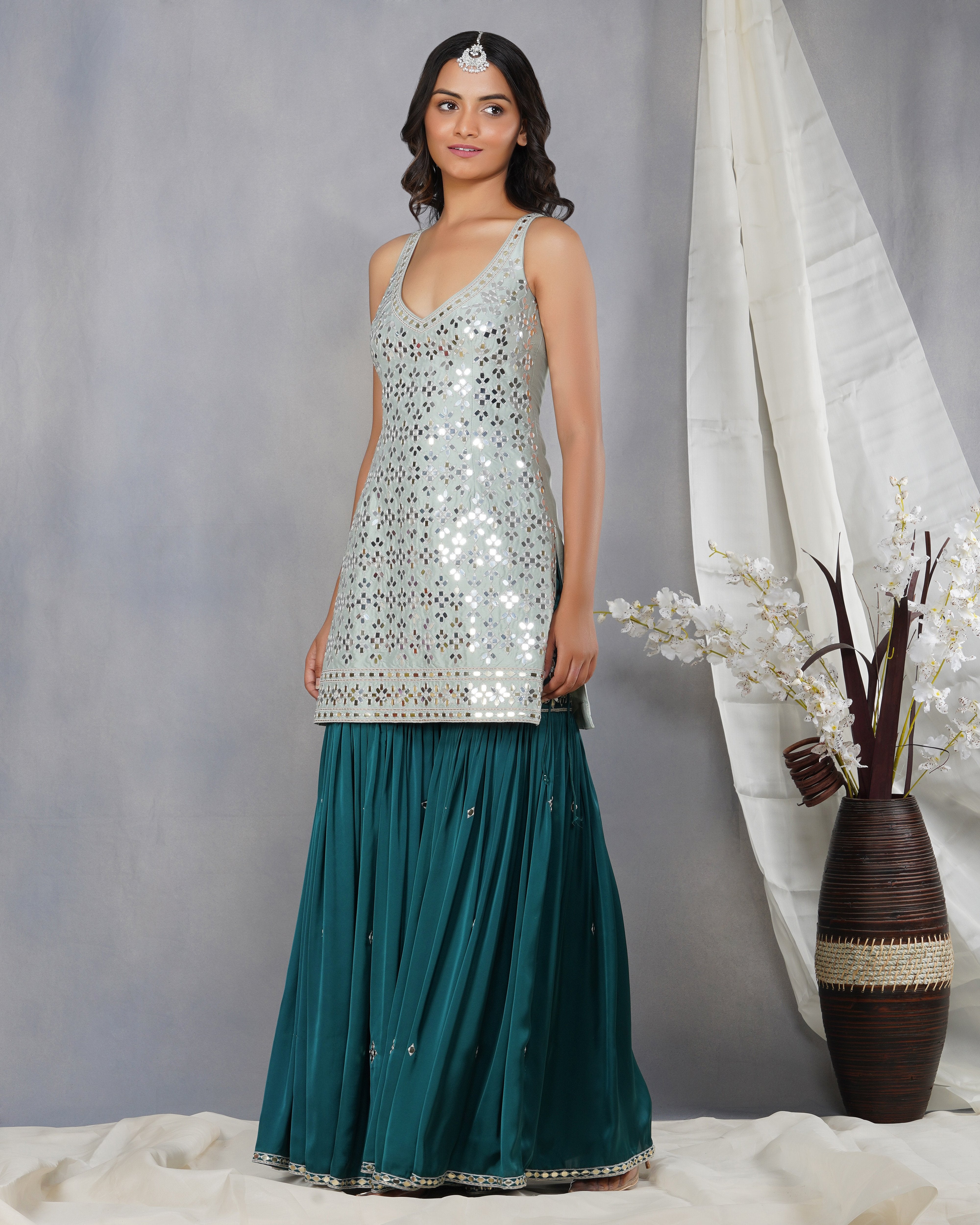 CY Dipti Chhabra Aleena - Mirror Embroidered Sharara Kurta Set Front 3