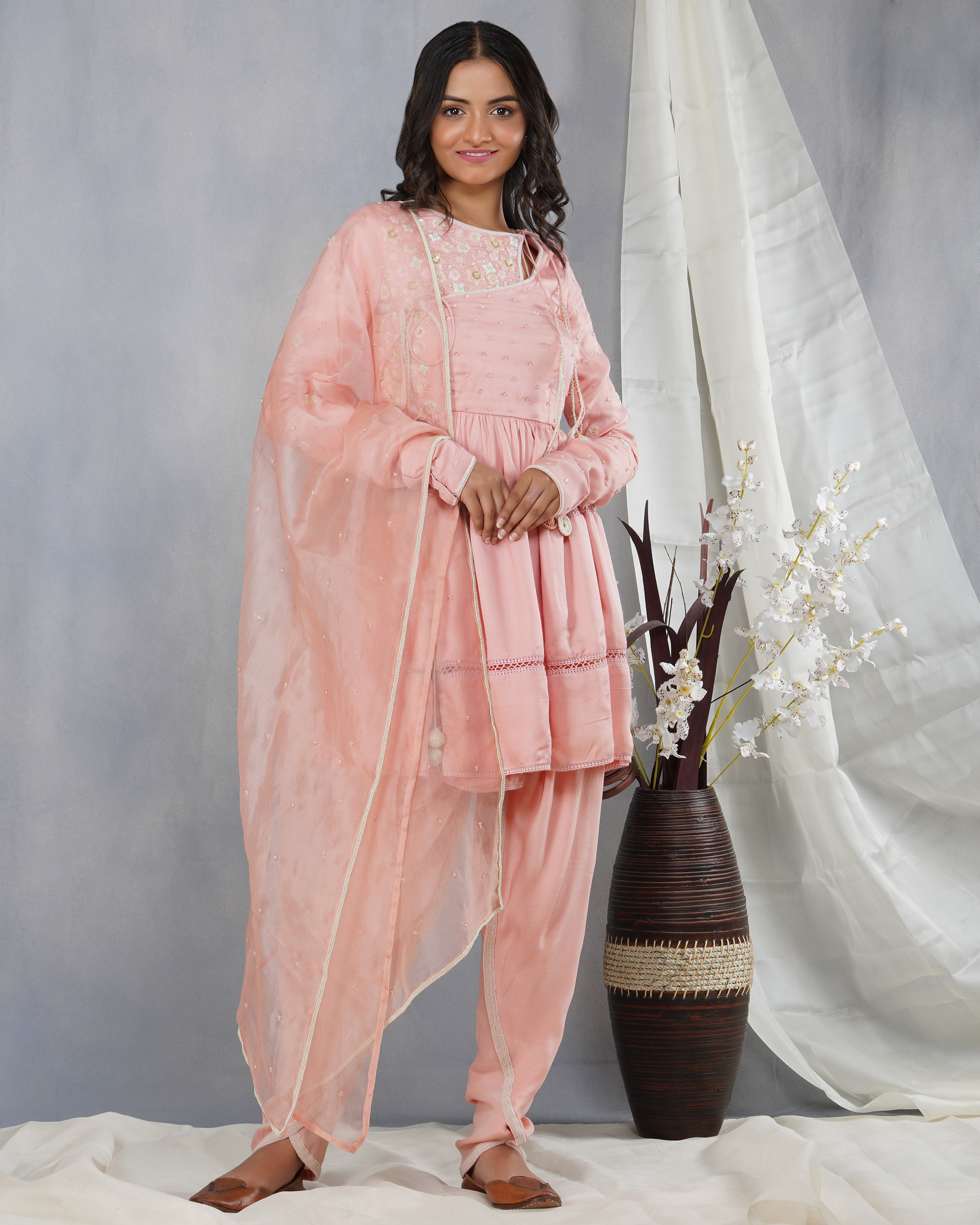 CY Dipti Chhabra Amina - Peach Floral Embroidered Angrakha Set Front 1